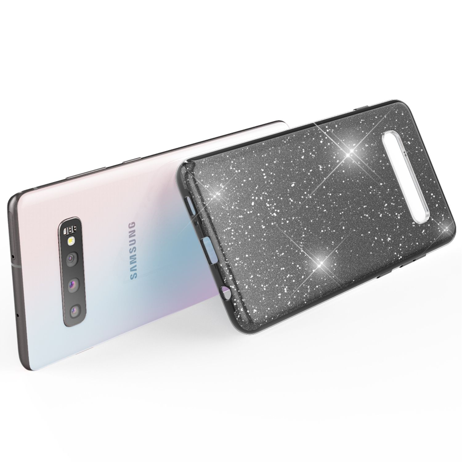 Glitzernde Handyhülle auf weißem Samsung-Telefon. Die Hülle ist dunkel mit Glitzer.