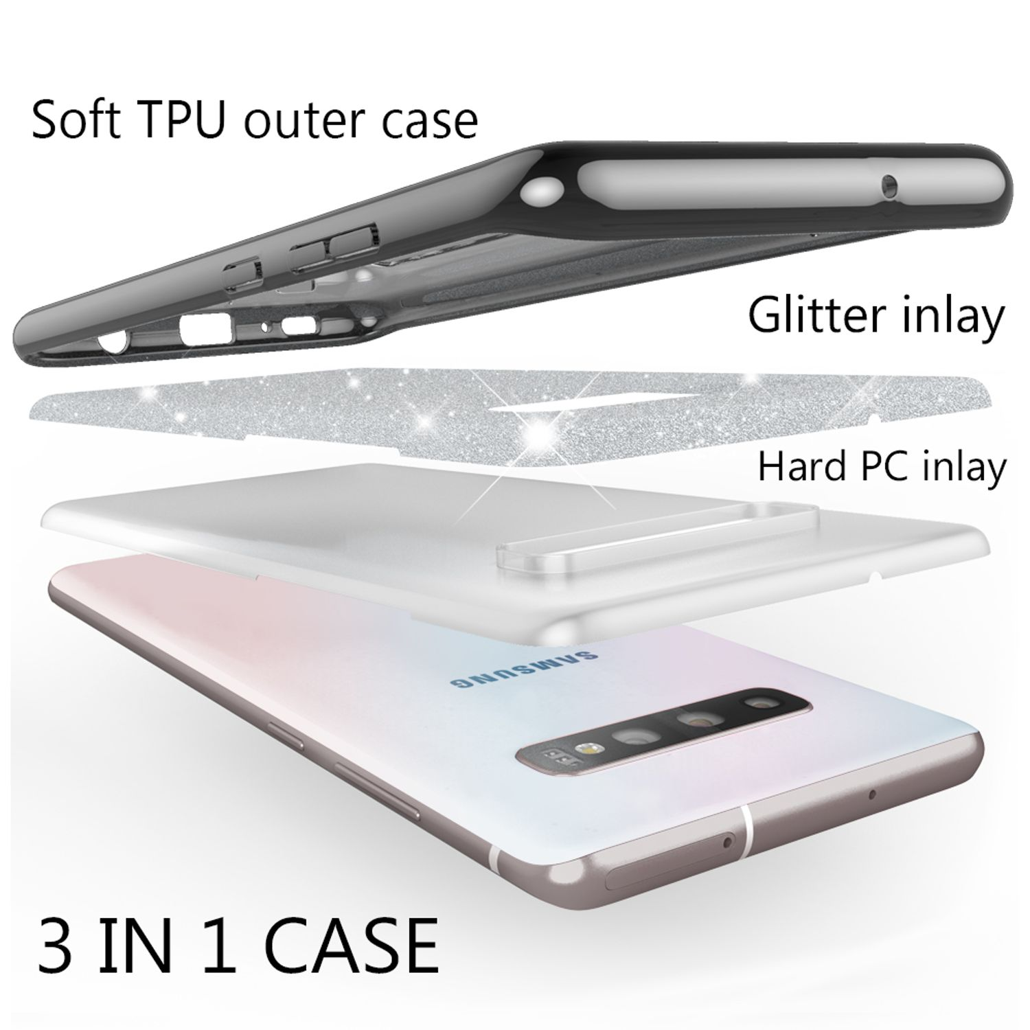 Handyhüllen-Schichten. Weiches TPU außen, Glitzer-Inlay, hartes PC-Inlay und Telefon. 3-in-1-Hülle.