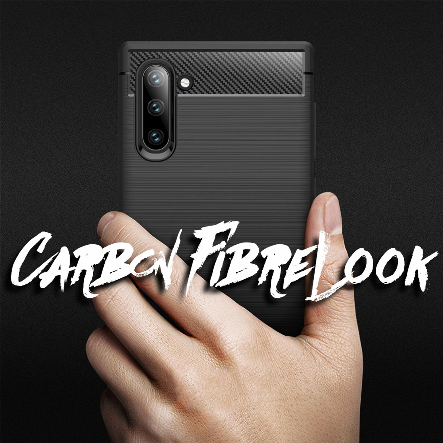 Hand hält Telefon mit Carbonfaser-Optik. Schwarzer Hintergrund. Text: Carbonfaser-Look.