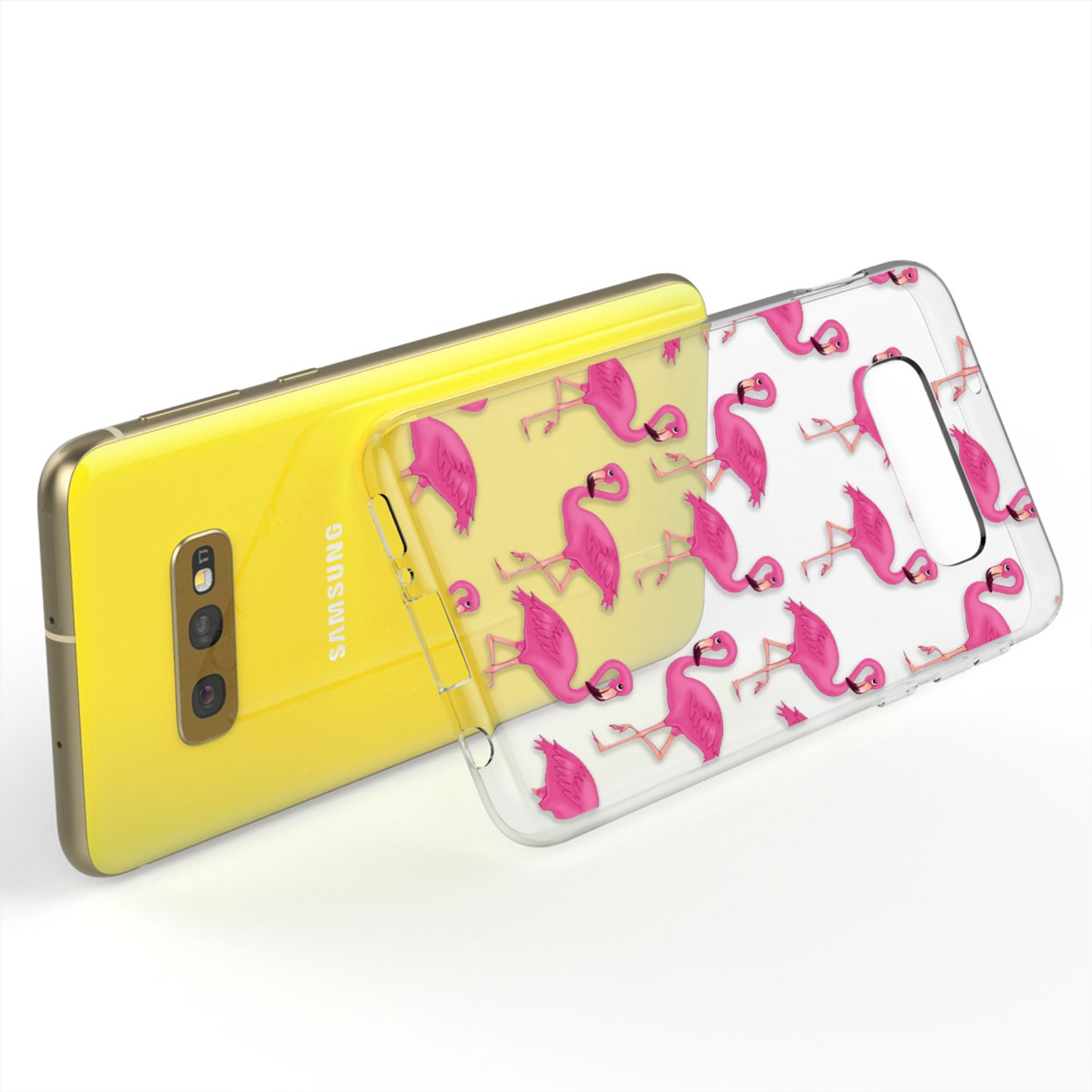 Gelbes Telefon mit durchsichtiger Hülle mit rosa Flamingos, auf weißer Oberfläche.