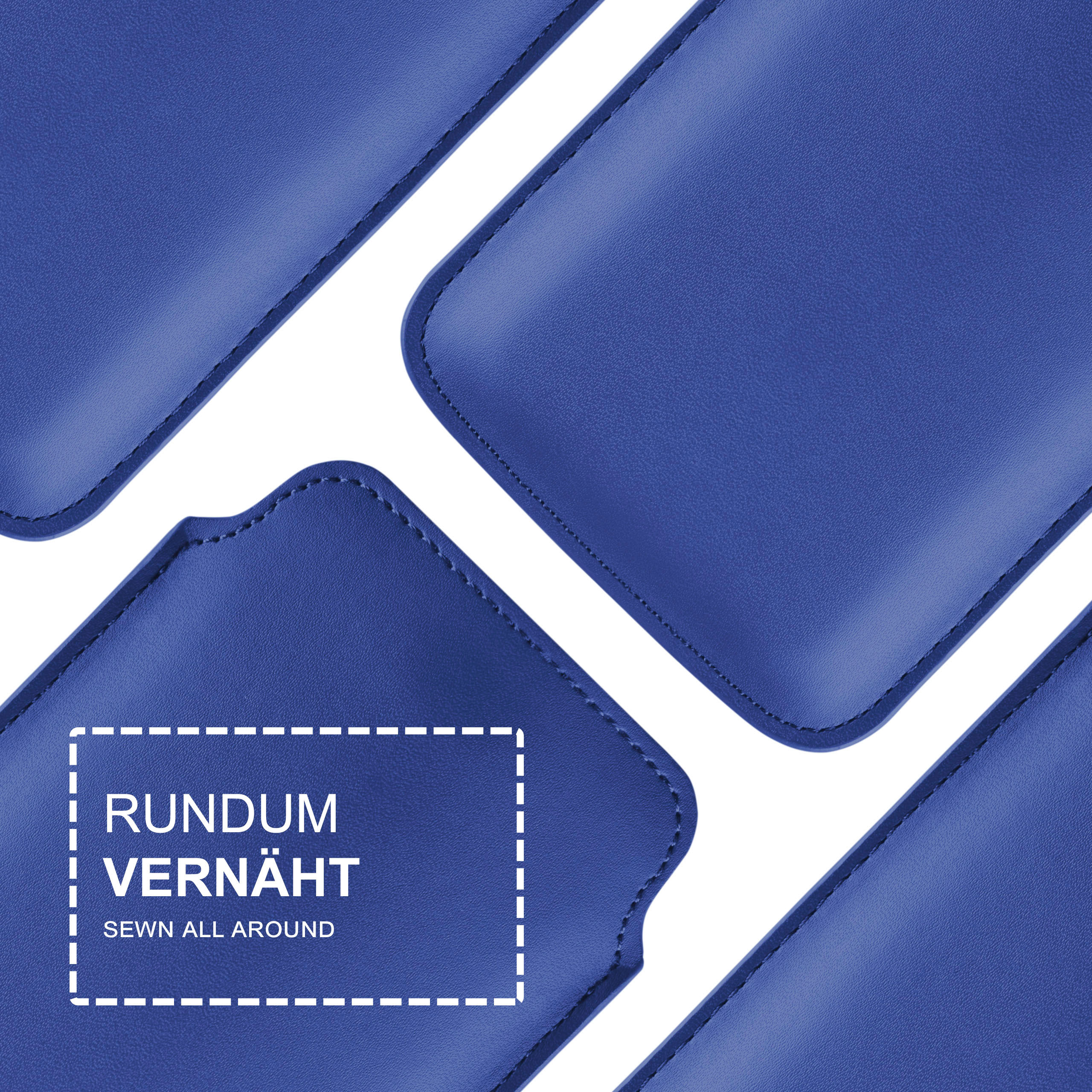Nahaufnahme von blauen Leder-Handyhüllen-Stücken. Text: Rundum Vernäht, Sewn All Around.