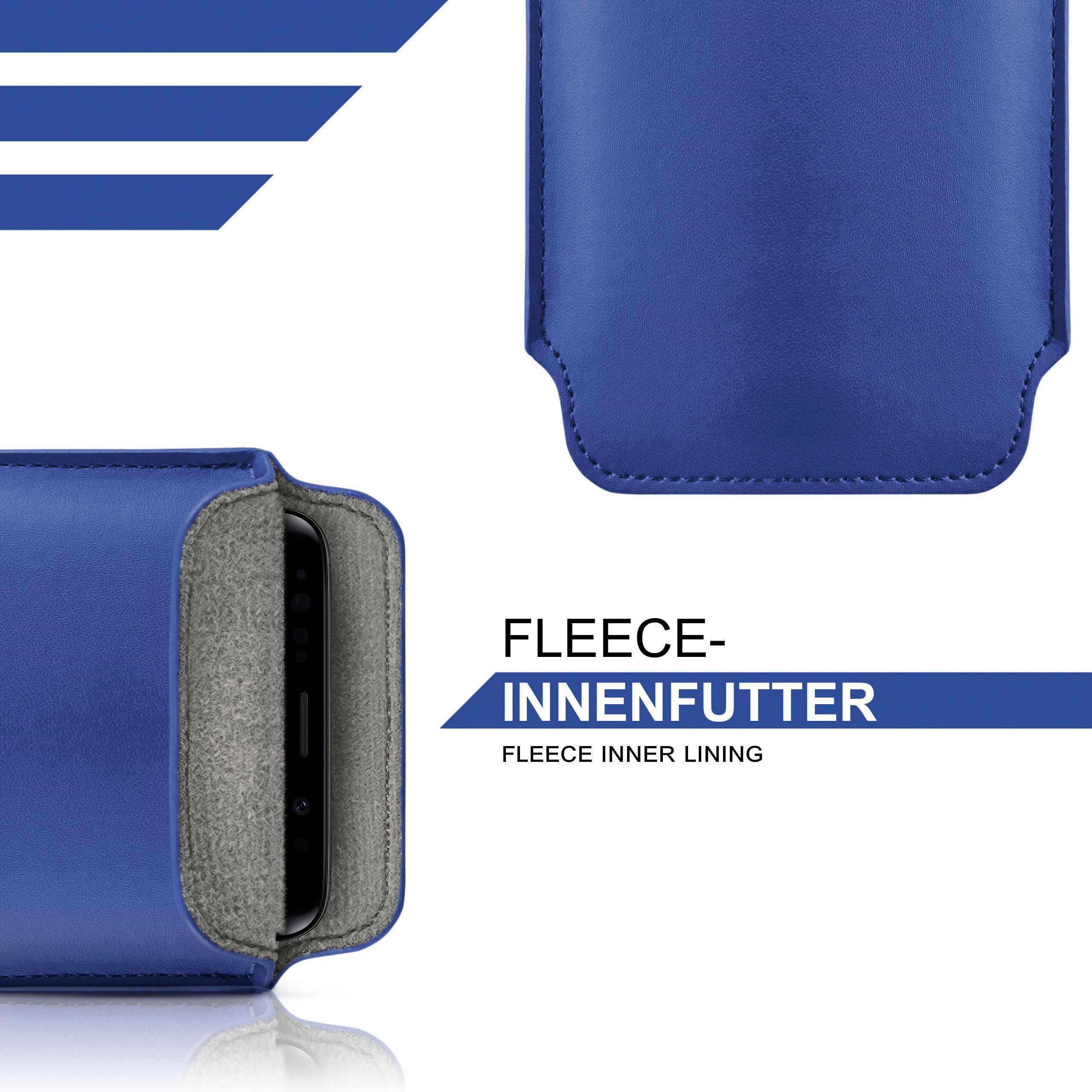 Eine blaue Handyhülle mit Fleece-Innenfutter. Die Hülle ist offen und zeigt die Innenseite.