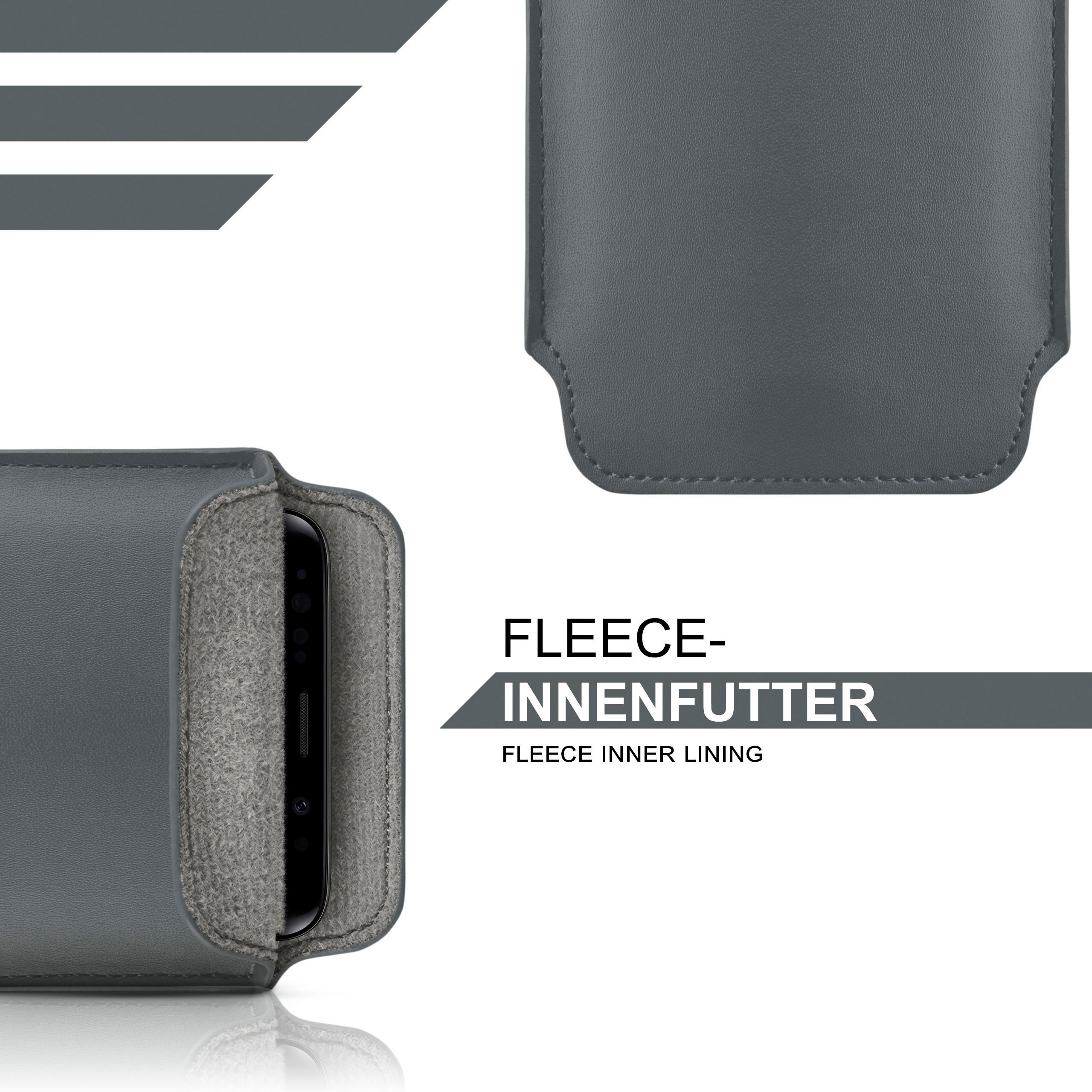 Graues Gehäuse mit Telefon darin, zeigt Fleece-Innenfutter.