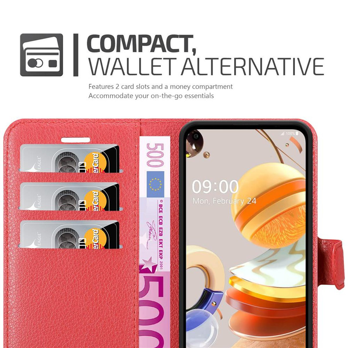 Custodia a portafoglio rossa con tre slot per carte, scomparto per soldi e telefono con schermata di blocco.