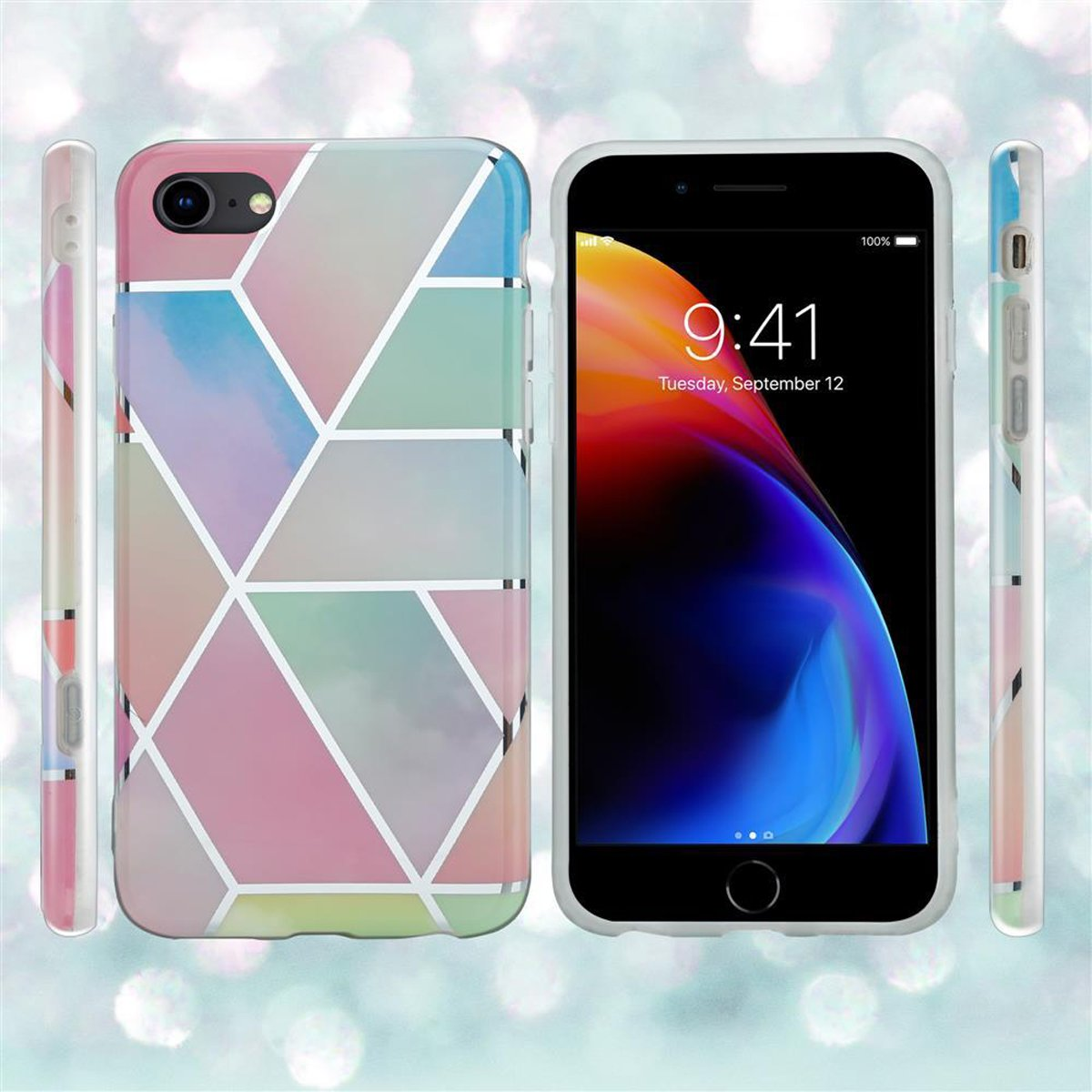 Custodia per telefono con design geometrico, motivo colorato. Il telefono mostra uno sfondo colorato.