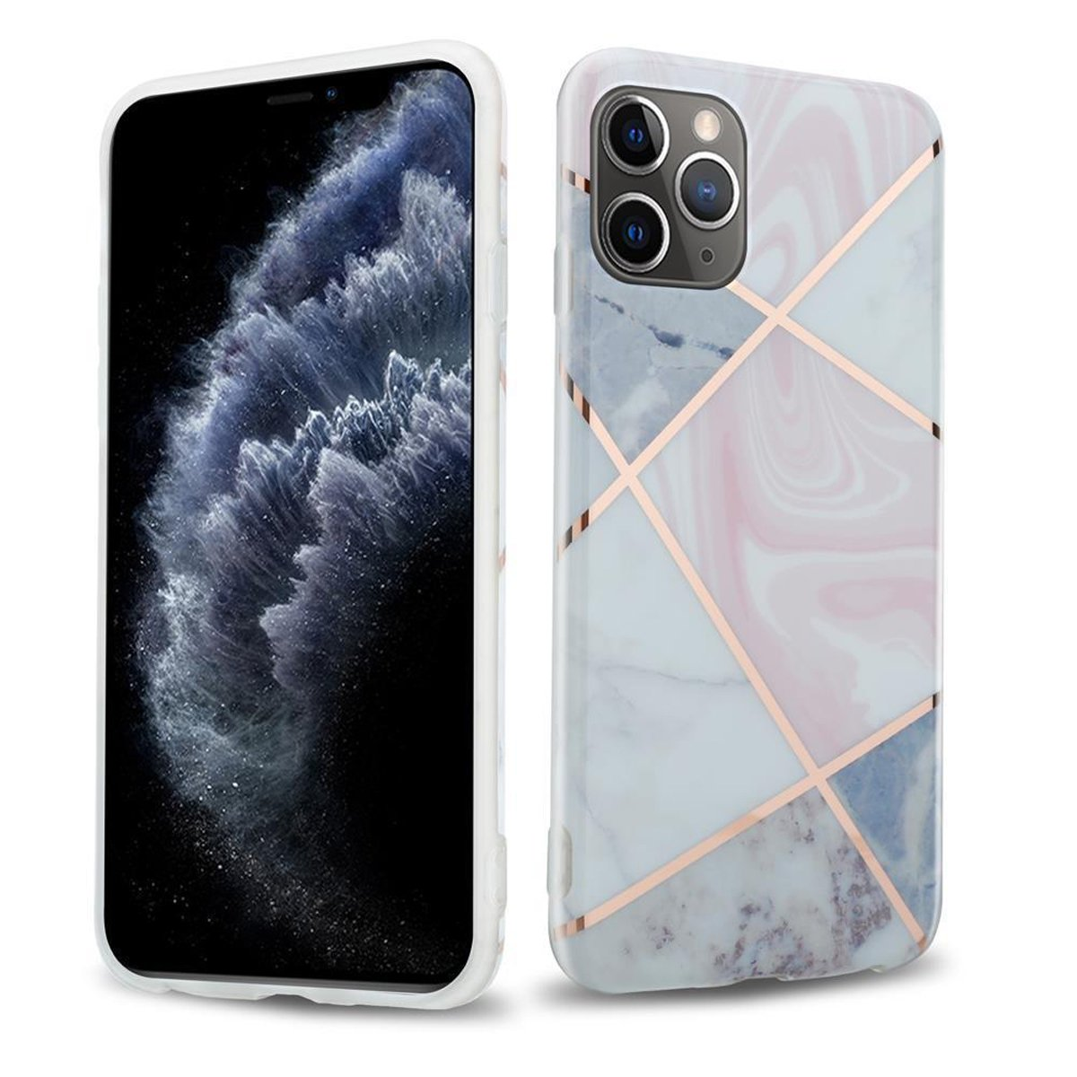 Custodia per telefono con design marmorizzato. Bianco e rosa con linee dorate. Sfondo bianco.