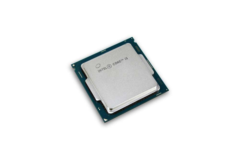 Un chip CPU con parte superiore argentata, forma quadrata e un circuito stampato blu e verde.