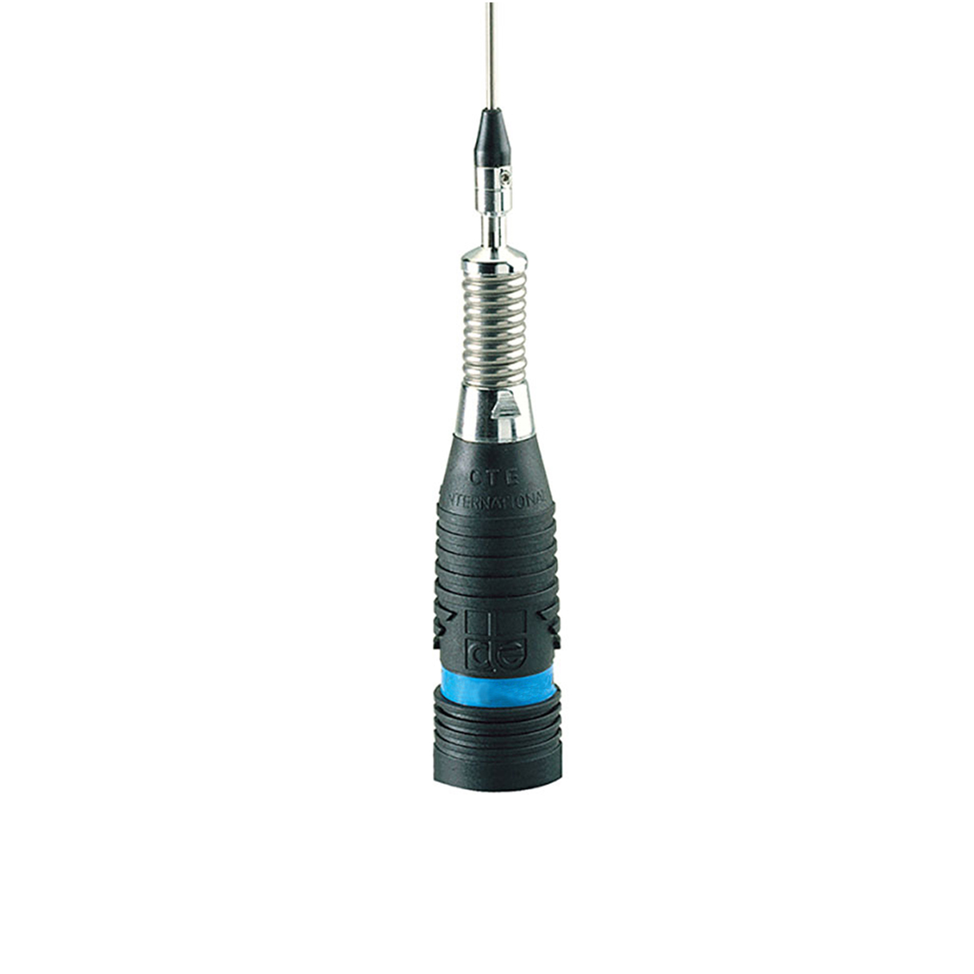 Eine hohe, silberne Autoantenne mit schwarzem Sockel.