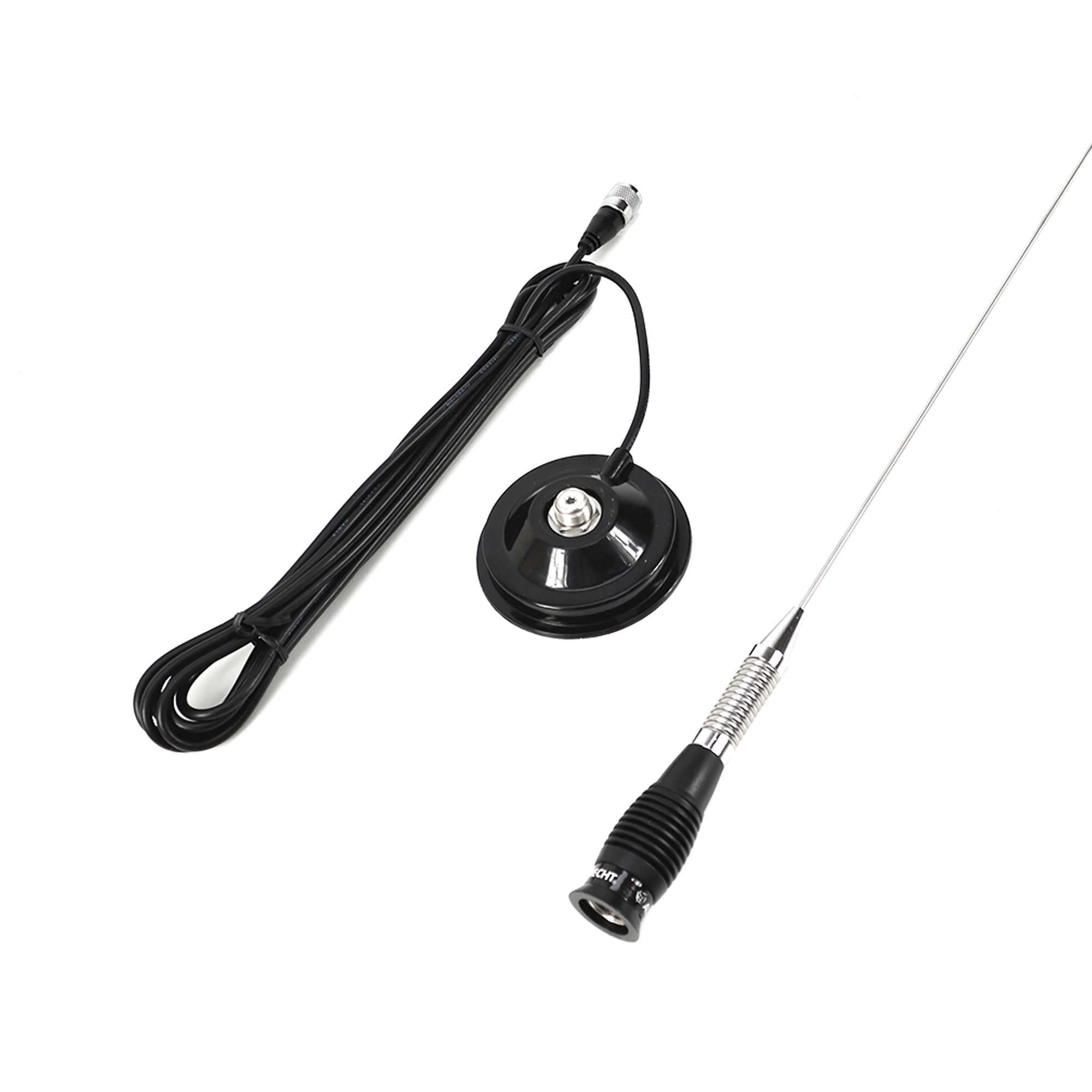 Antennenkomponenten, ein schwarzer Magnetfuß und ein Kabel, alle auf einer weißen Oberfläche.