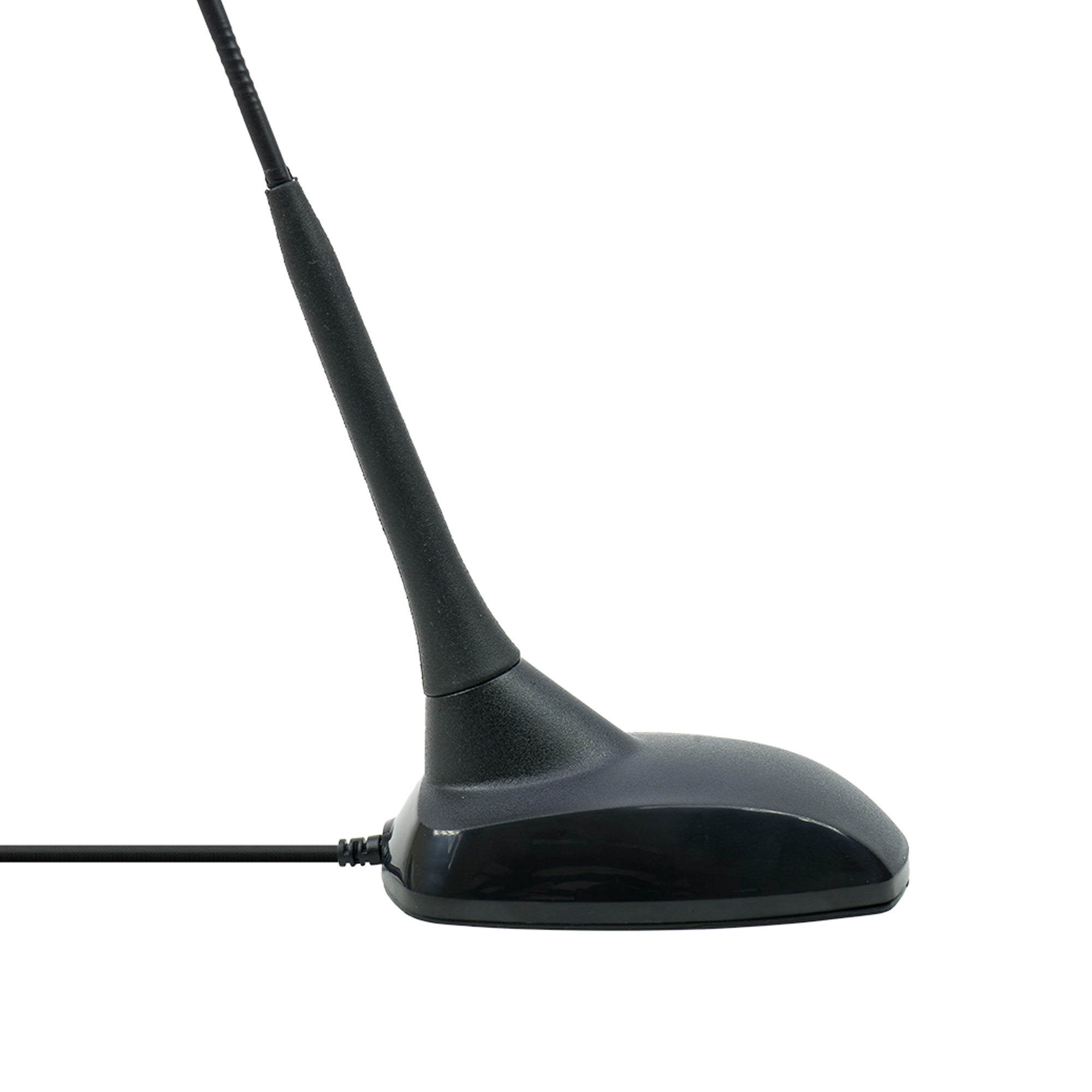Schwarze Antenne mit langem, abgewinkeltem Schaft und schwarzem Sockel, vor weißem Hintergrund.