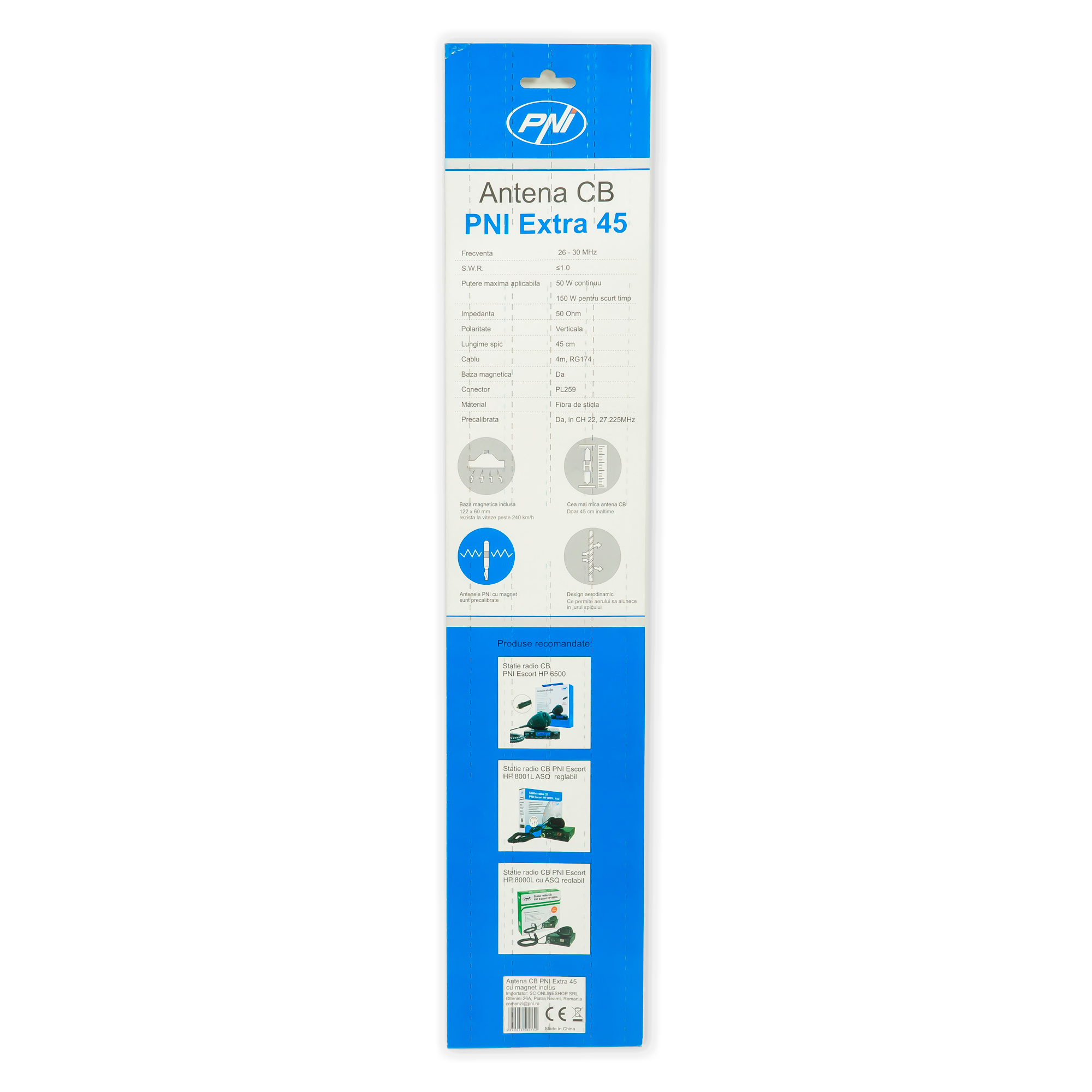 Die Verpackung einer CB-Antenne PNI Extra 45 wird gezeigt. Die Verpackung ist blau und weiß mit Produktinformationen.