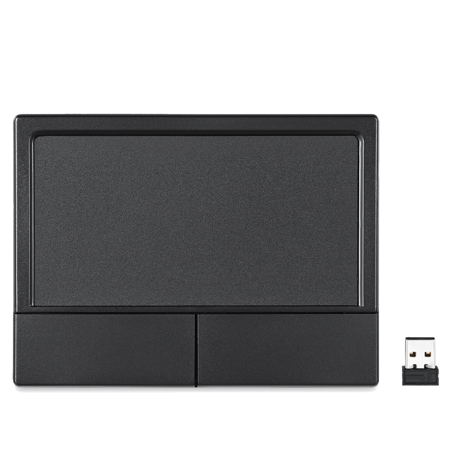Czarny touchpad z dwoma przyciskami i odbiornikiem USB. Białe tło.