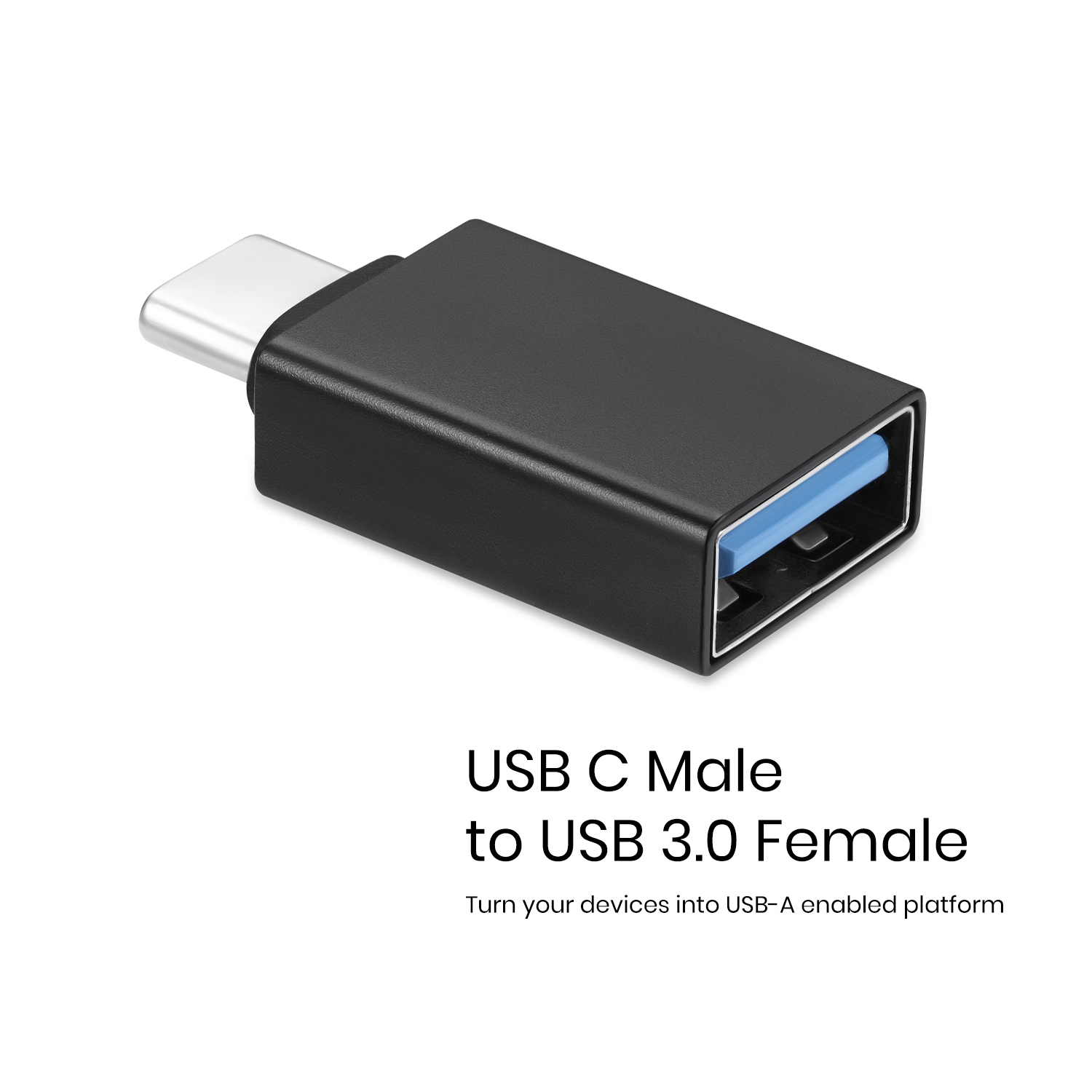 Schwarzer USB-C-Stecker auf USB 3.0-Buchse-Adapter. Er hat einen blauen Anschluss und weißen Hintergrund.