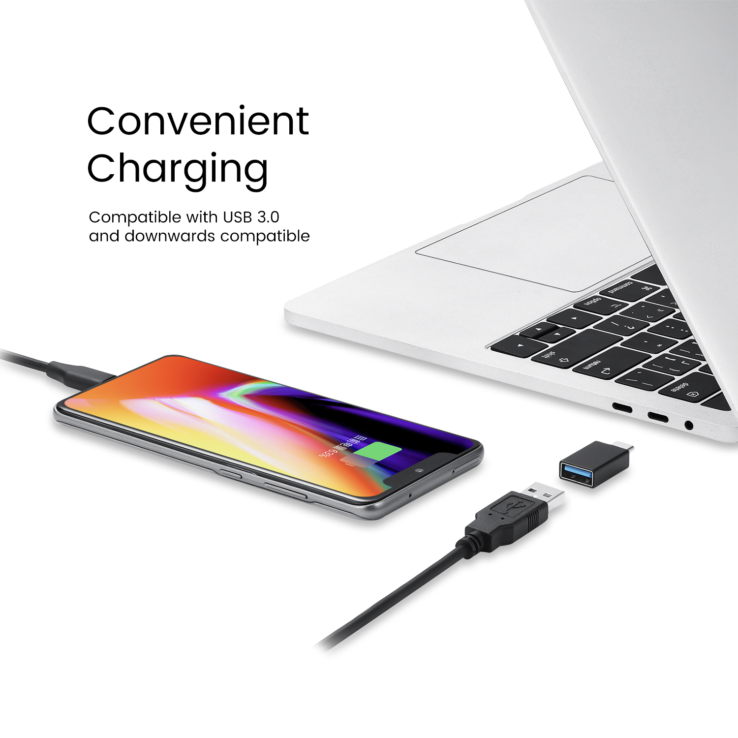 Ein Telefon, das mit einem USB-Kabel an einem Laptop aufgeladen wird. Text sagt Bequemes Aufladen, kompatibel mit USB 3.0.