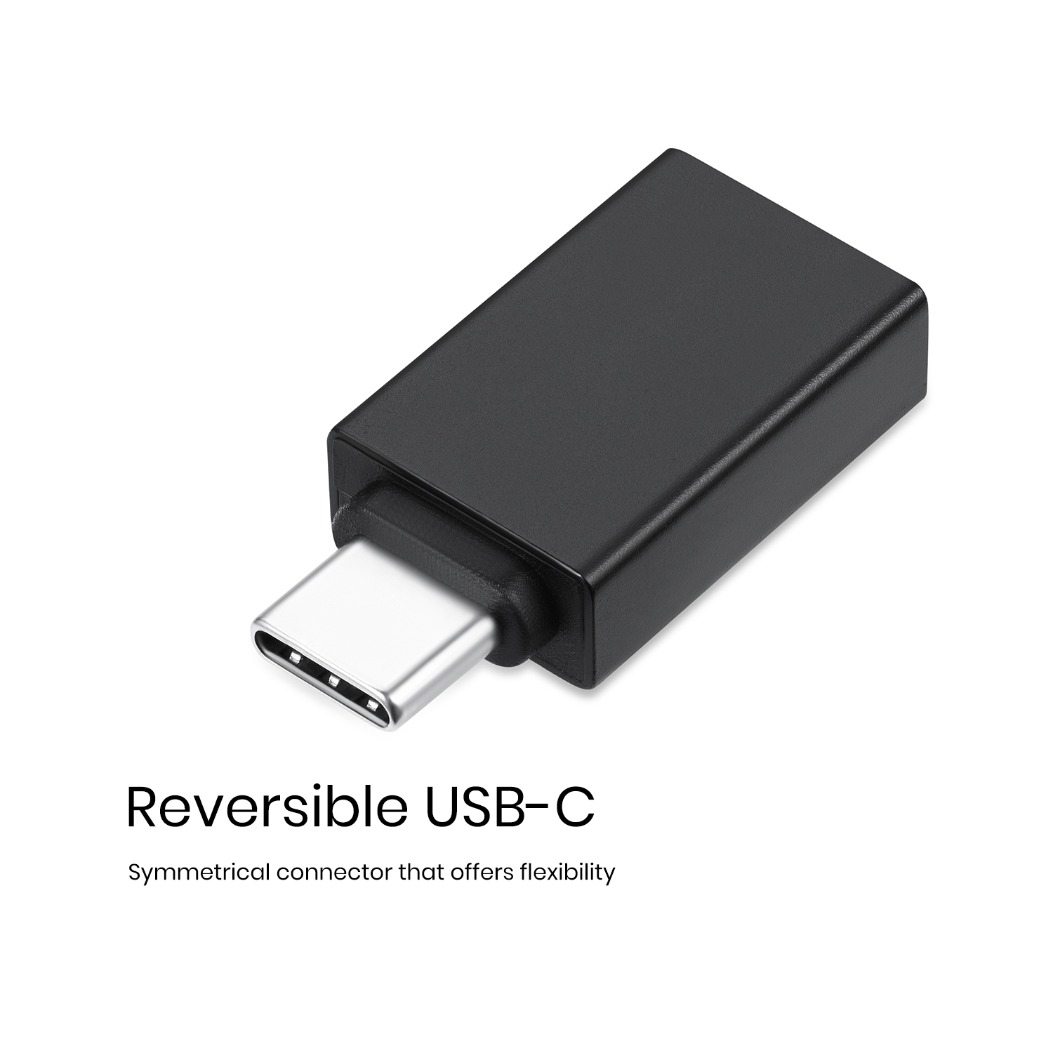 Schwarzer, reversibler USB-C-Anschluss. Text unten: 'Symmetrischer Anschluss, der Flexibilität bietet'.