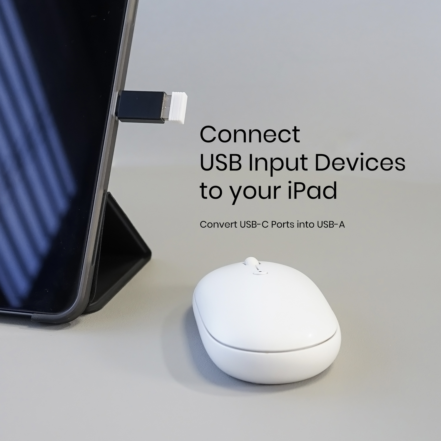 Weiße Maus und schwarzer Adapter mit Tablet verbunden. Text: USB-Geräte mit Ihrem iPad verbinden.