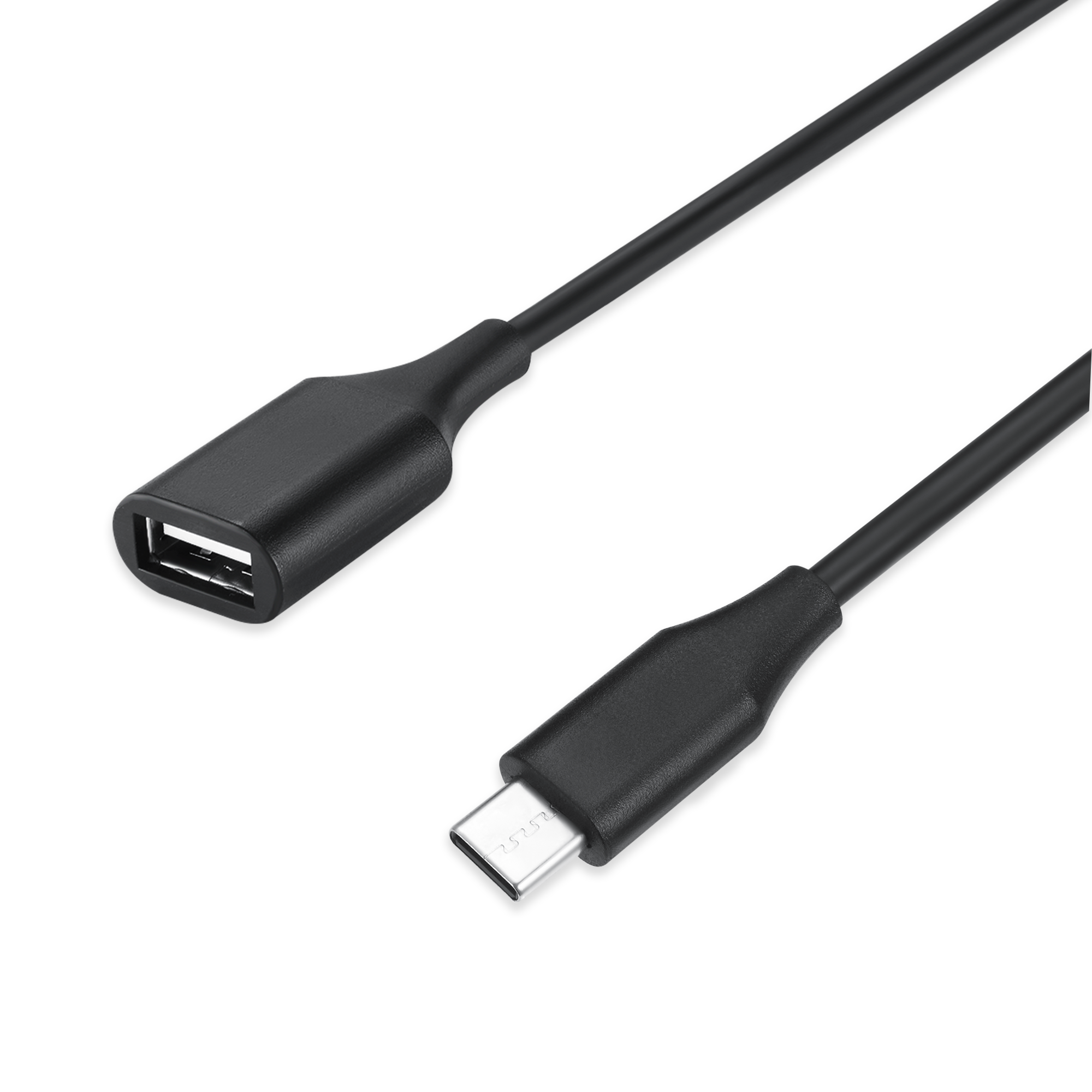 USB-Kabel mit USB-A- und USB-C-Anschluss. Weißer Hintergrund.