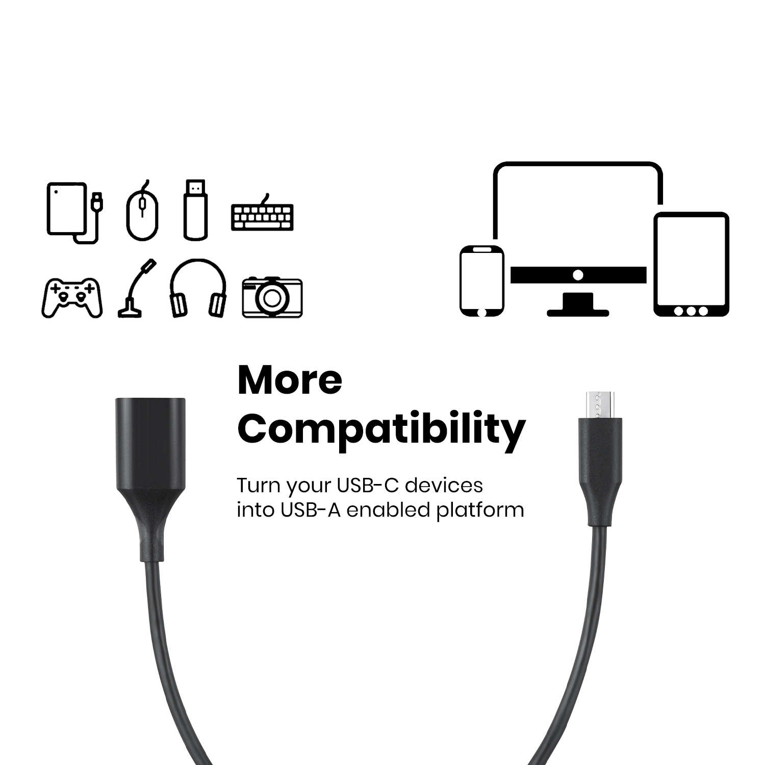 USB-C-zu-USB-A-Adapter mit Symbolen verschiedener Geräte und eines Computers. Mehr Kompatibilität.
