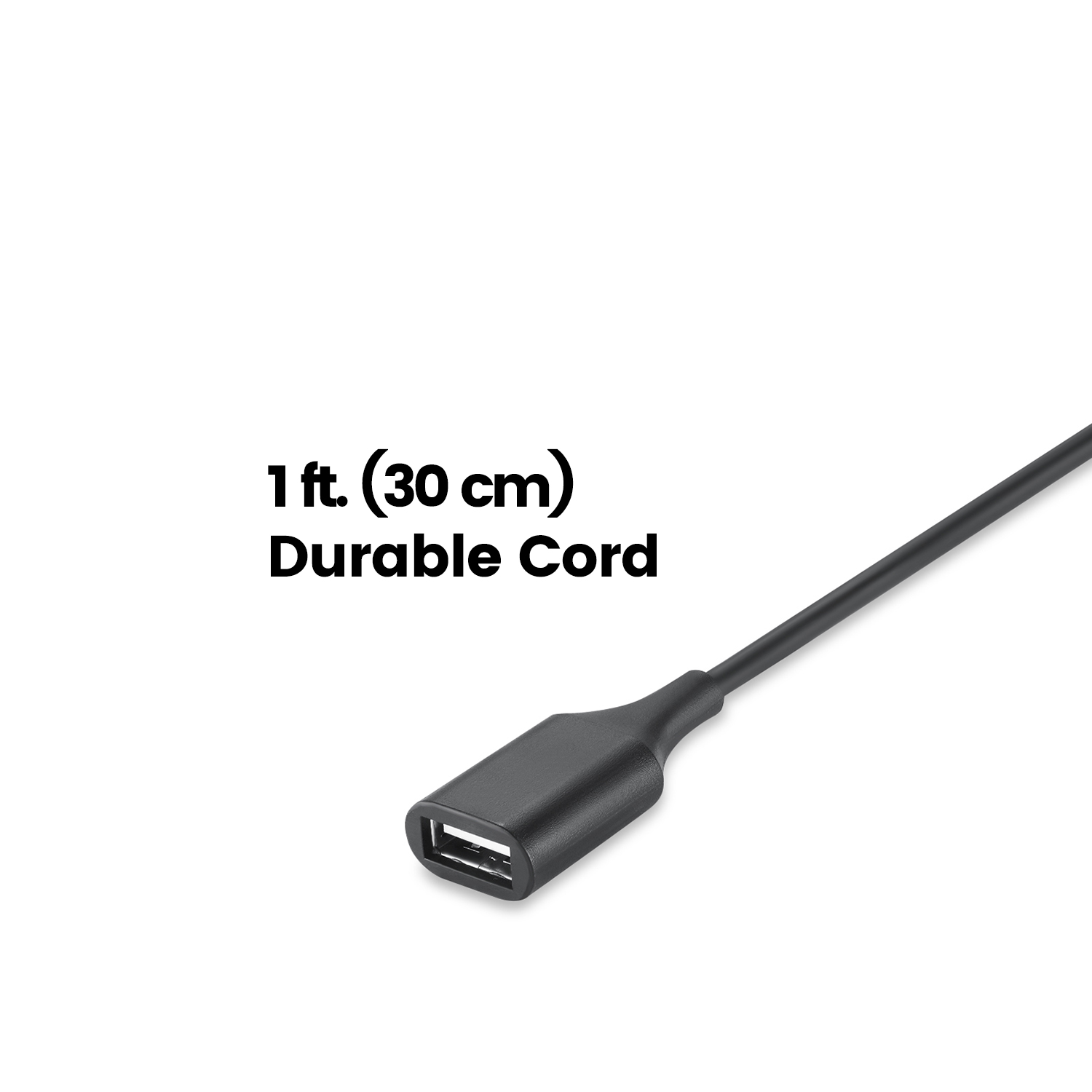 Schwarzes USB-Kabel mit USB-A-Anschluss. Der Text lautet '1 ft. (30 cm) Durable Cord'.