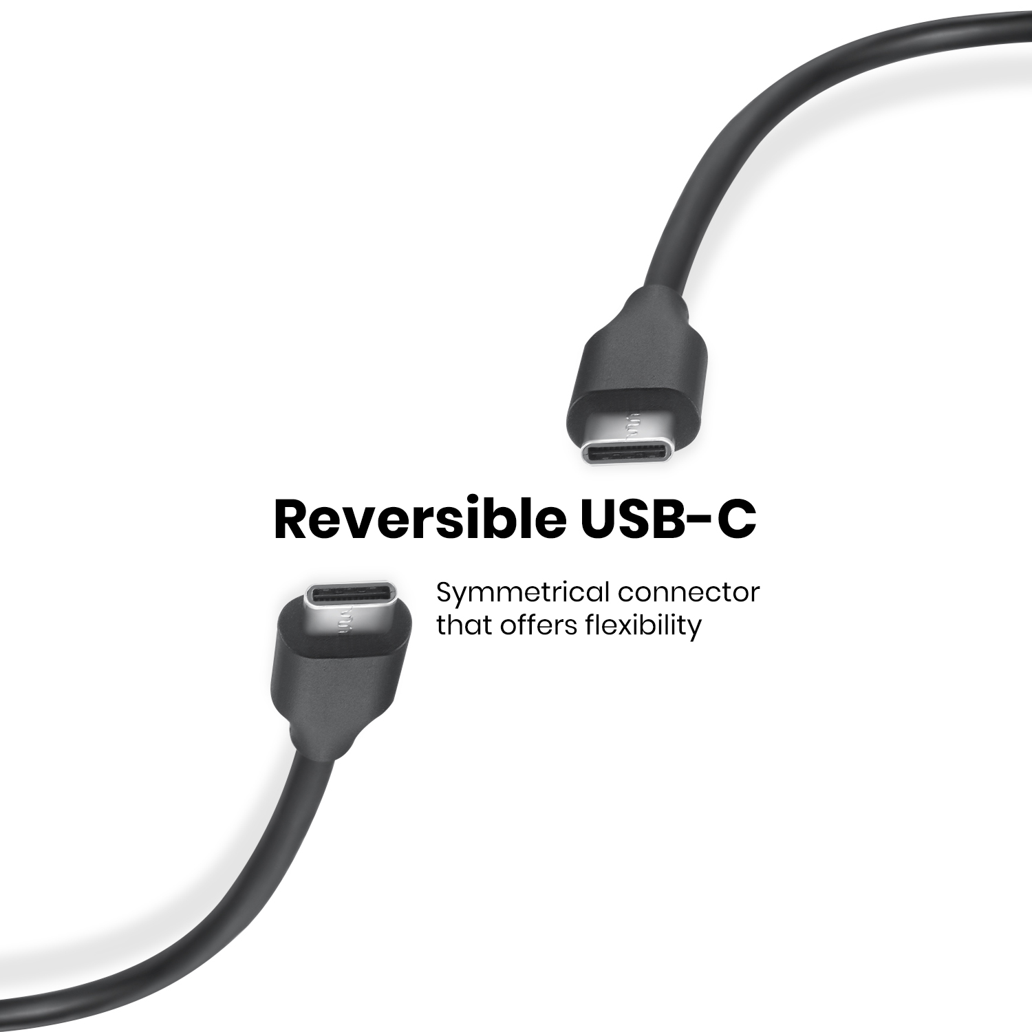 Zwei schwarze USB-C-Kabel mit symmetrischen Steckern, Text: Reversible USB-C, bietet Flexibilität.