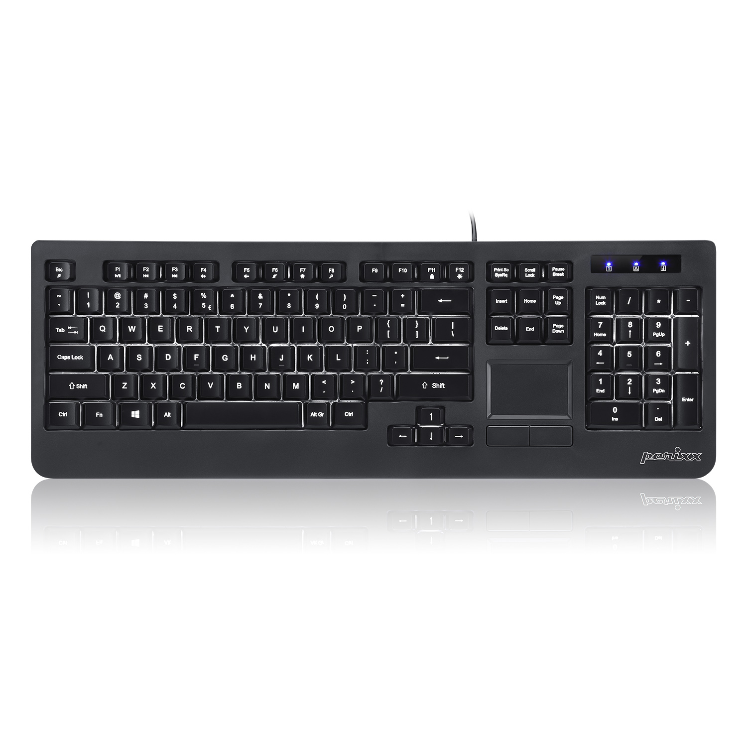 Schwarze Tastatur mit Ziffernblock und Touchpad. Weißer Hintergrund.