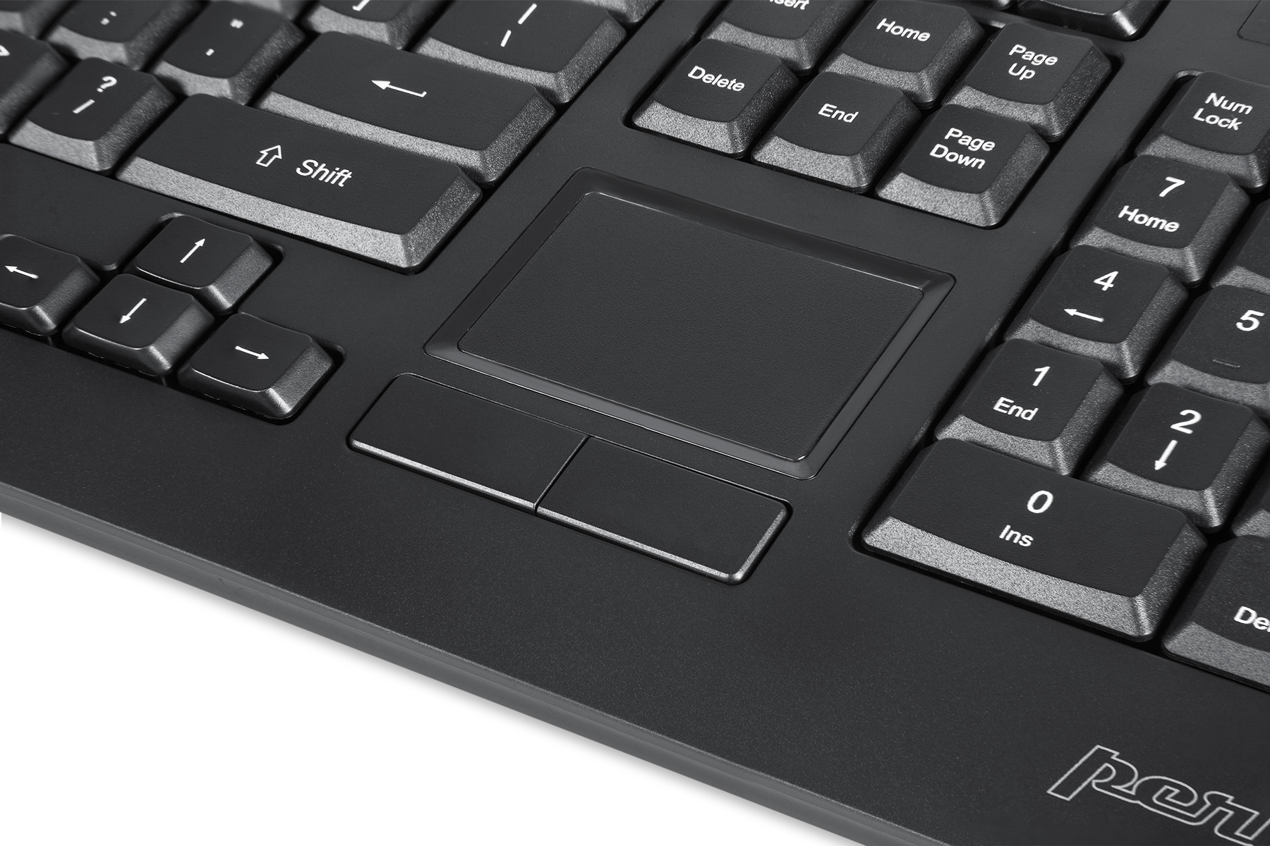 Schwarze Computertastatur mit Touchpad und Pfeiltasten. Das Wort 'Perixx' ist sichtbar.
