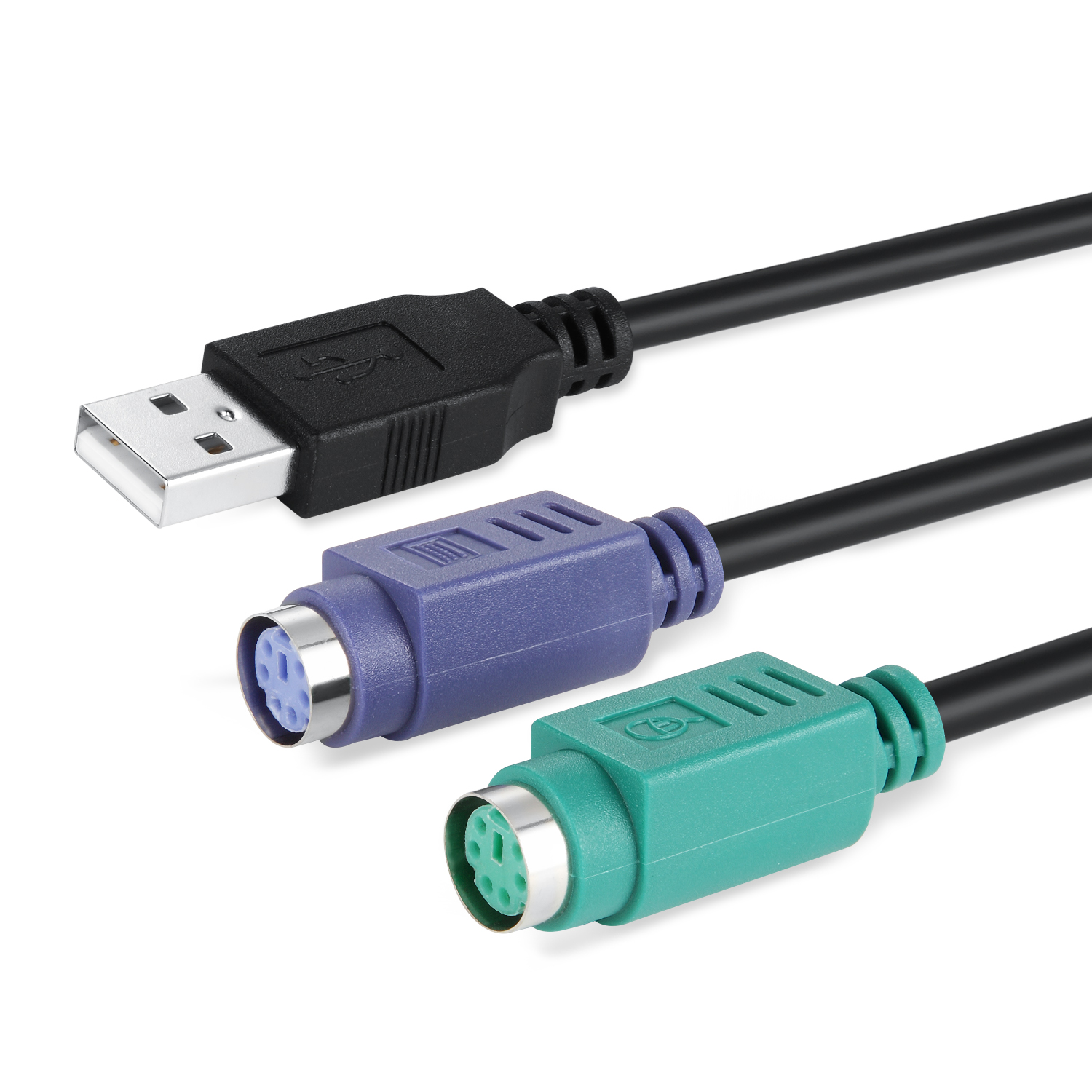 Drei Kabel: USB, PS/2 lila und PS/2 grün.