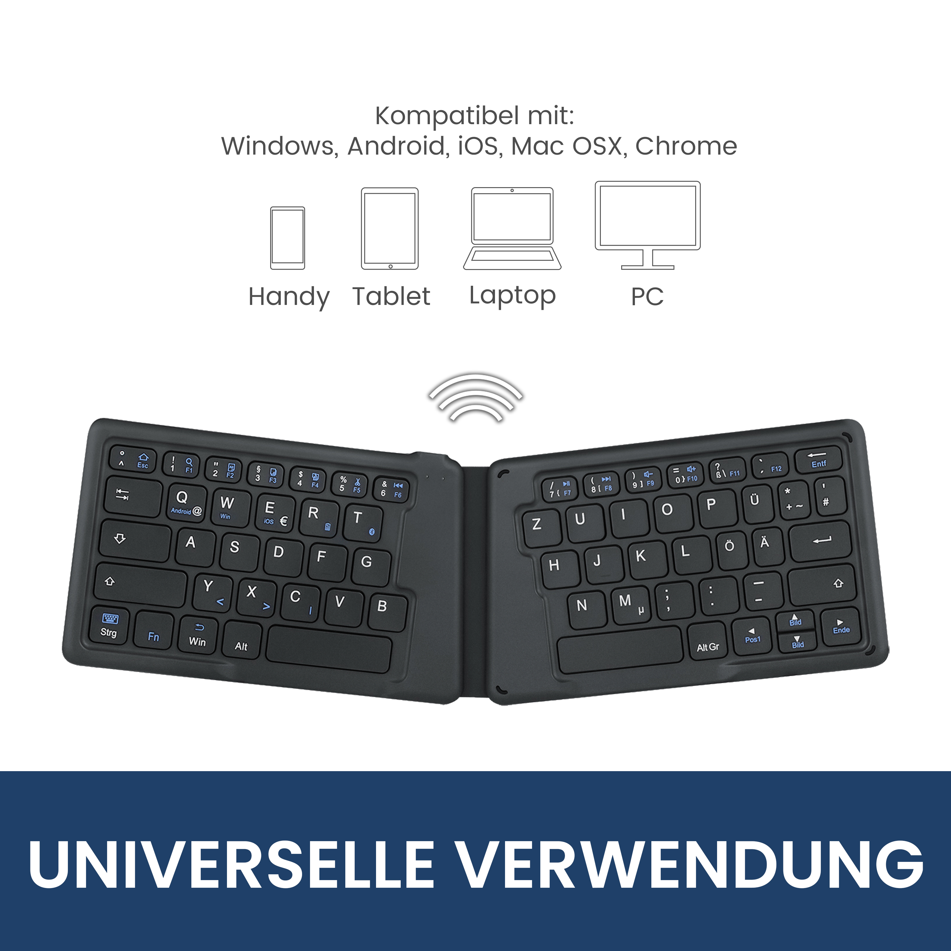 Schwarze, faltbare Tastatur mit Tasten. Geräte: Handy, Tablet, Laptop, PC. Kompatibel mit Windows, Android, iOS.