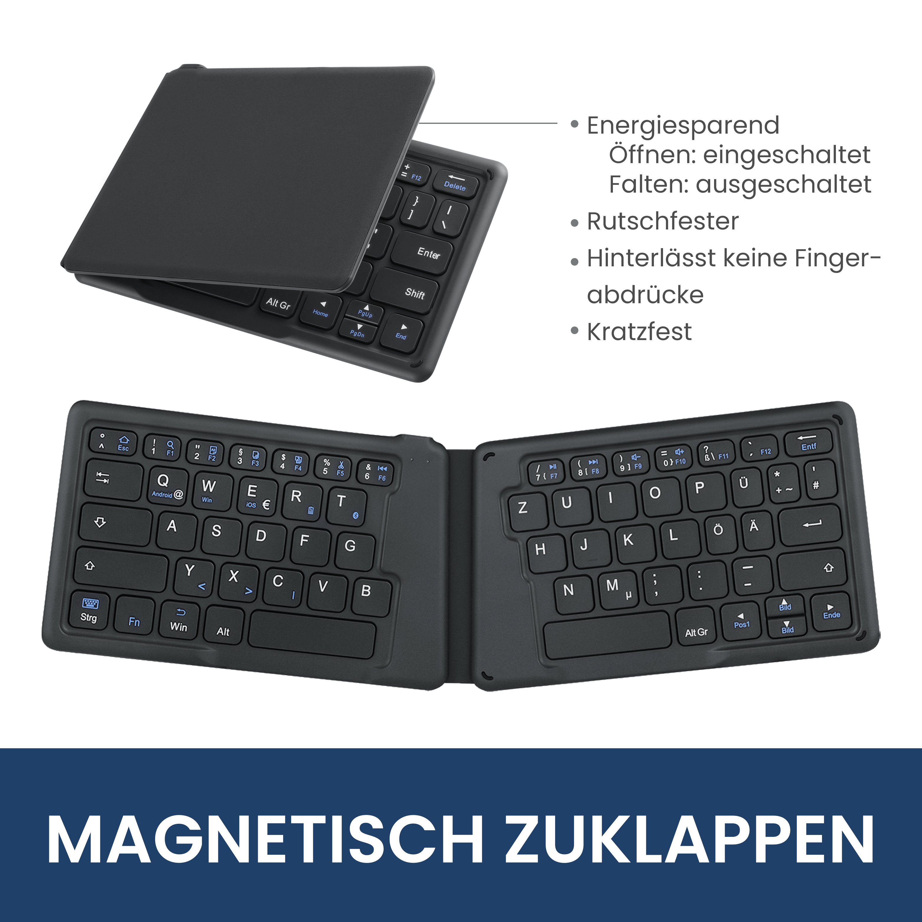 Eine schwarze, faltbare Tastatur, geöffnet und geschlossen, mit Tasten und Faltmechanismus.