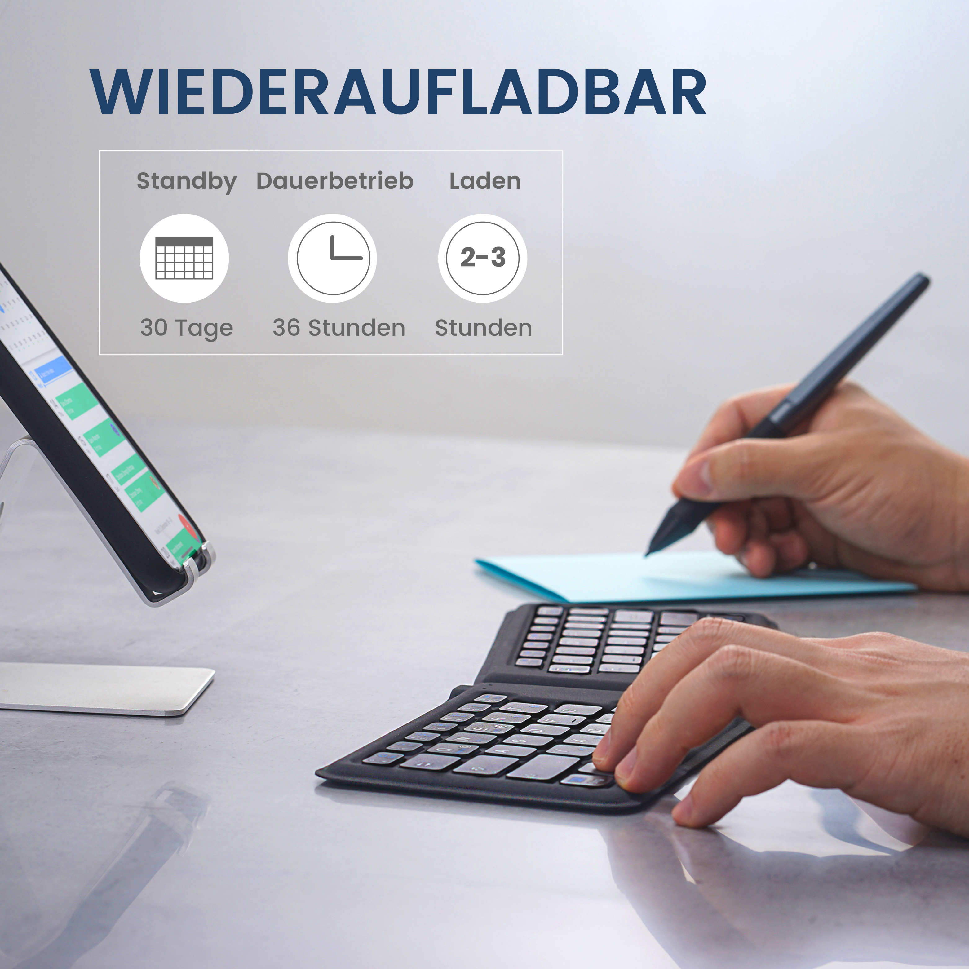 Hände benutzen Tablett-Tastatur. Tisch, Text, und Grafik sind sichtbar.