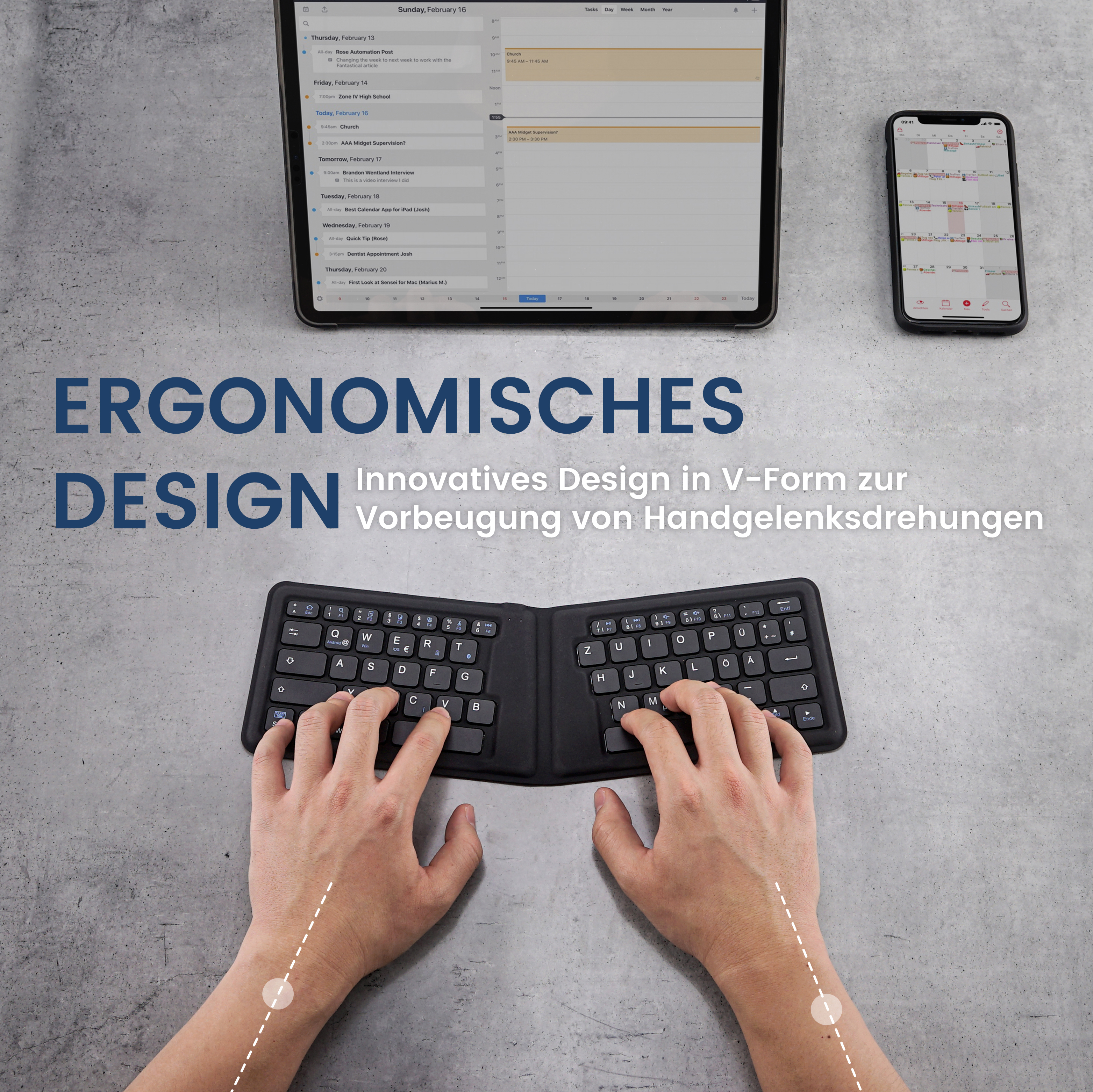 Eine Tastatur mit Tablet und Telefon. Die Tastatur ist geteilt und faltbar, mit grauem Hintergrund.
