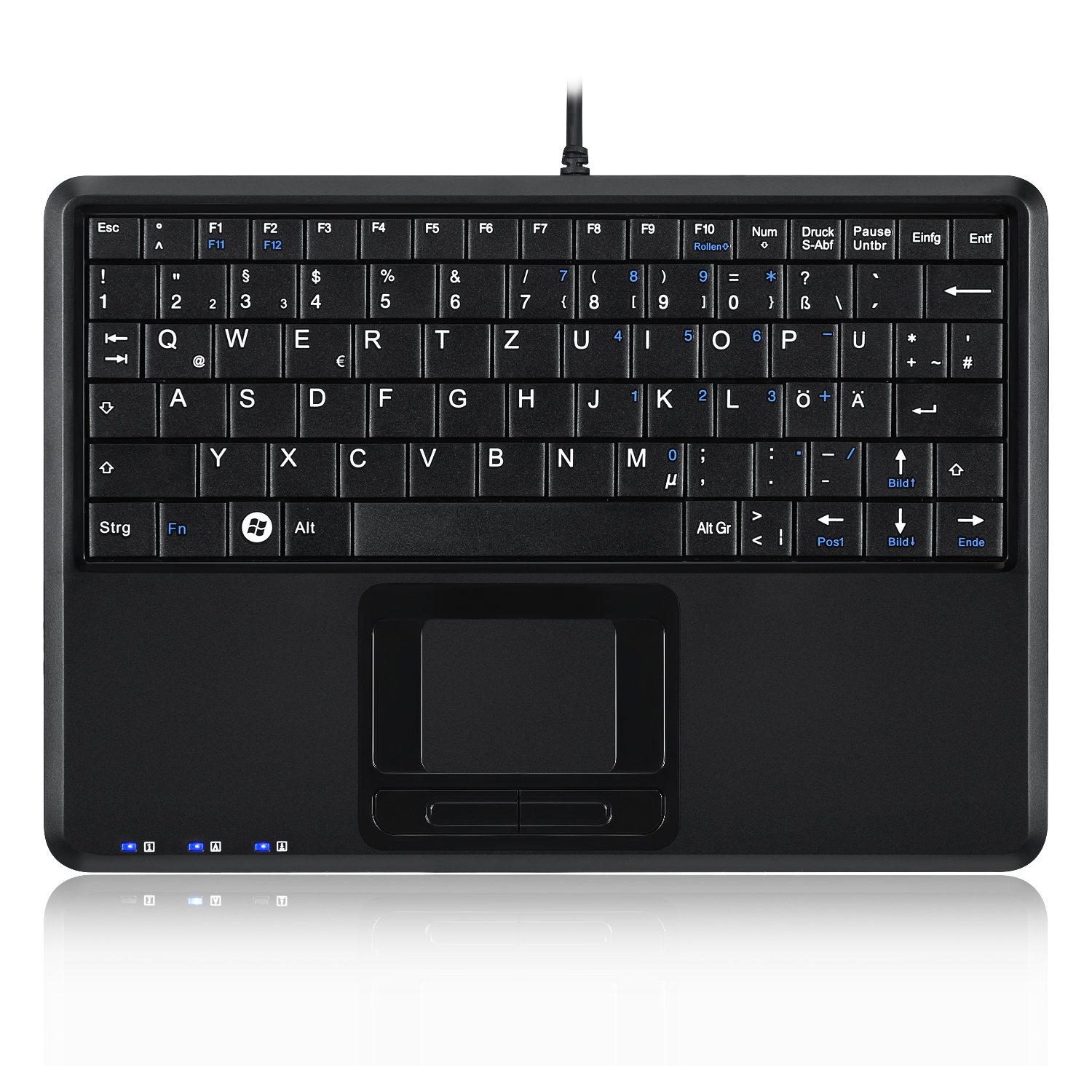 Schwarze Mini-Tastatur mit Touchpad. Hat Tasten und einen Touchbereich. Schwarze Oberfläche.