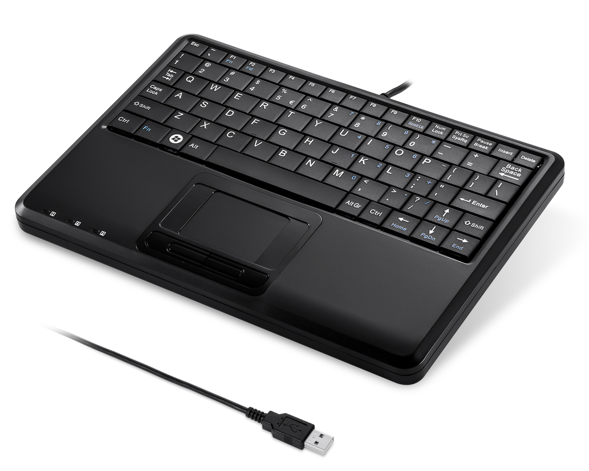 Eine schwarze Tastatur mit Touchpad. Ein USB-Kabel ist mit der Tastatur verbunden und liegt auf einer weißen Oberfläche.