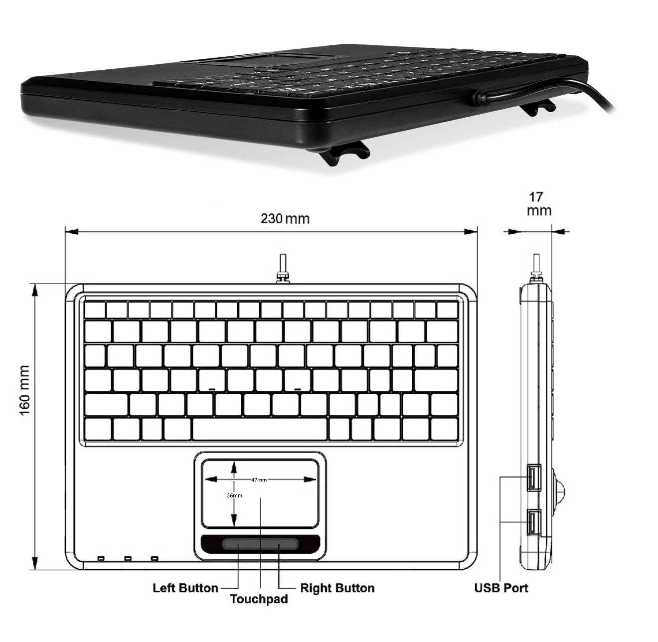 Schwarze Tastatur mit Touchpad, Abmessungen und USB-Anschlussdiagramm. Weißer Hintergrund.