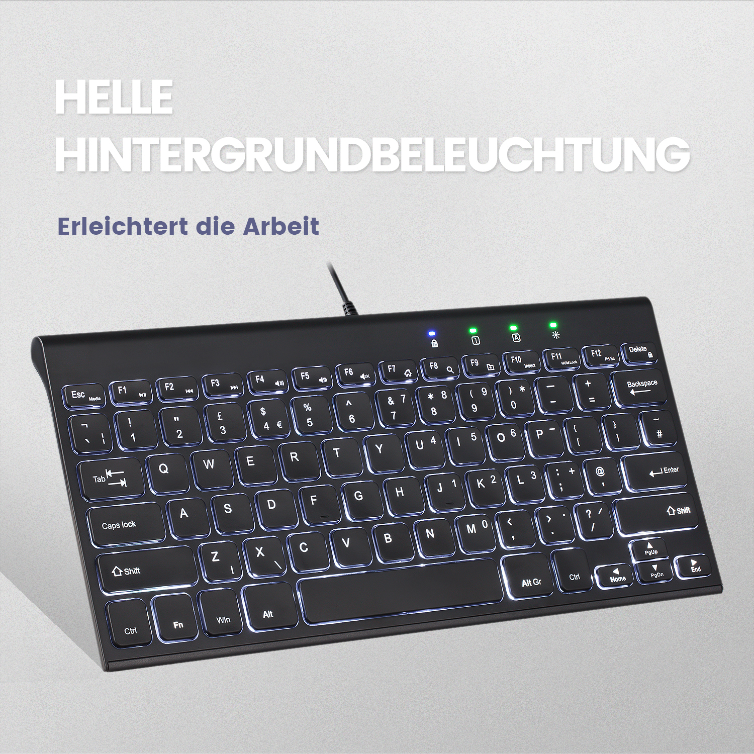 Eine schwarze Tastatur mit weißer Hintergrundbeleuchtung. Text: 'HELLE HINTERGRUNDBELEUCHTUNG'.