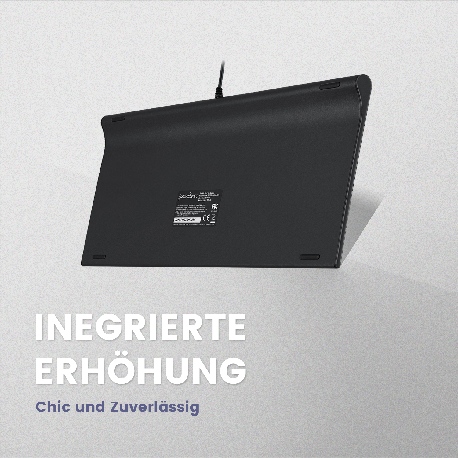 Rückseite eines schwarzen Grafiktabletts mit dem Text 'Integrierte Erhöhung' und 'Chic und Zuverlässig'.