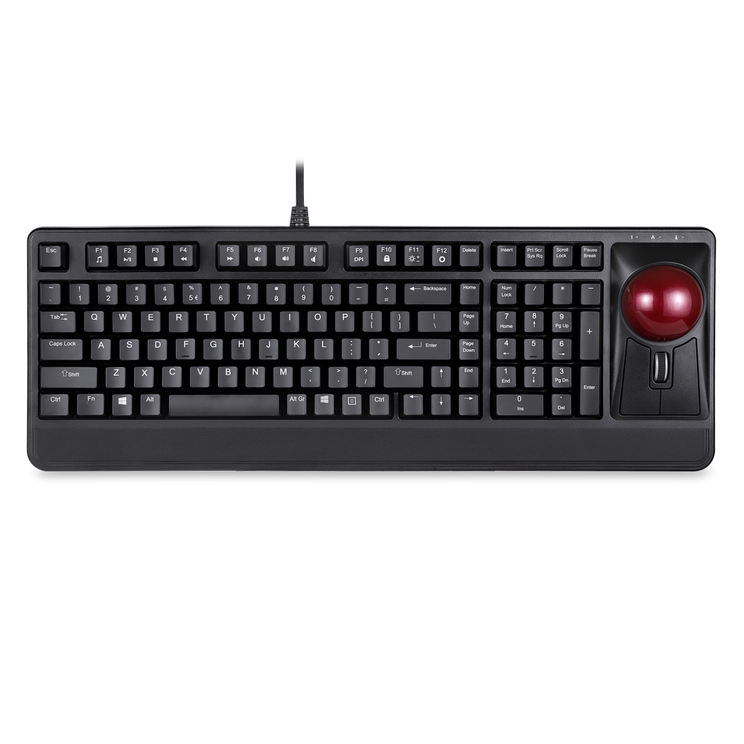 Tastiera nera con trackball rosso e tasti.