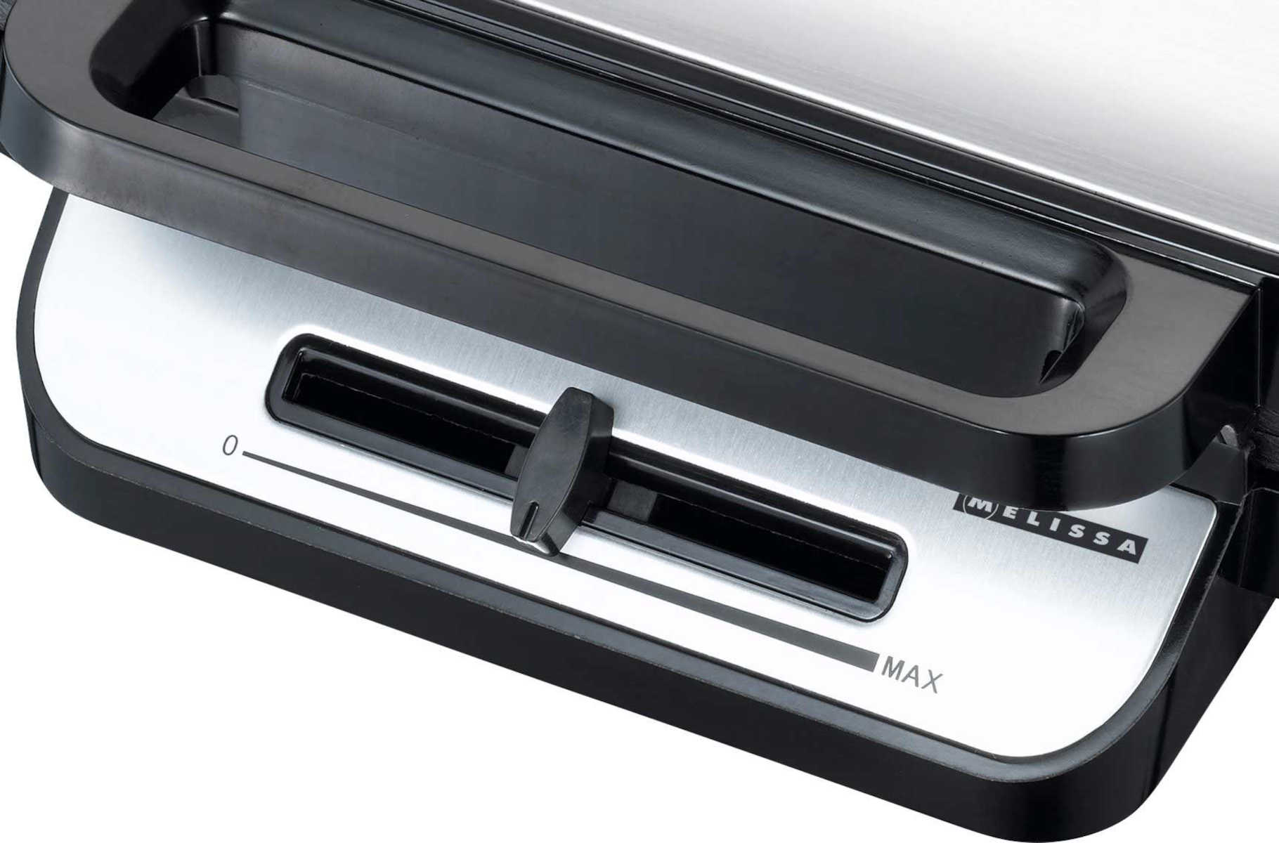 Zbliżenie czarnego i srebrnego panelu sterowania urządzenia z suwakiem i napisem MELISSA.