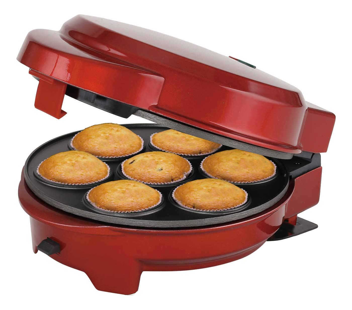 Ein roter Muffin-Maker mit sieben Muffins. Der Deckel ist geöffnet.