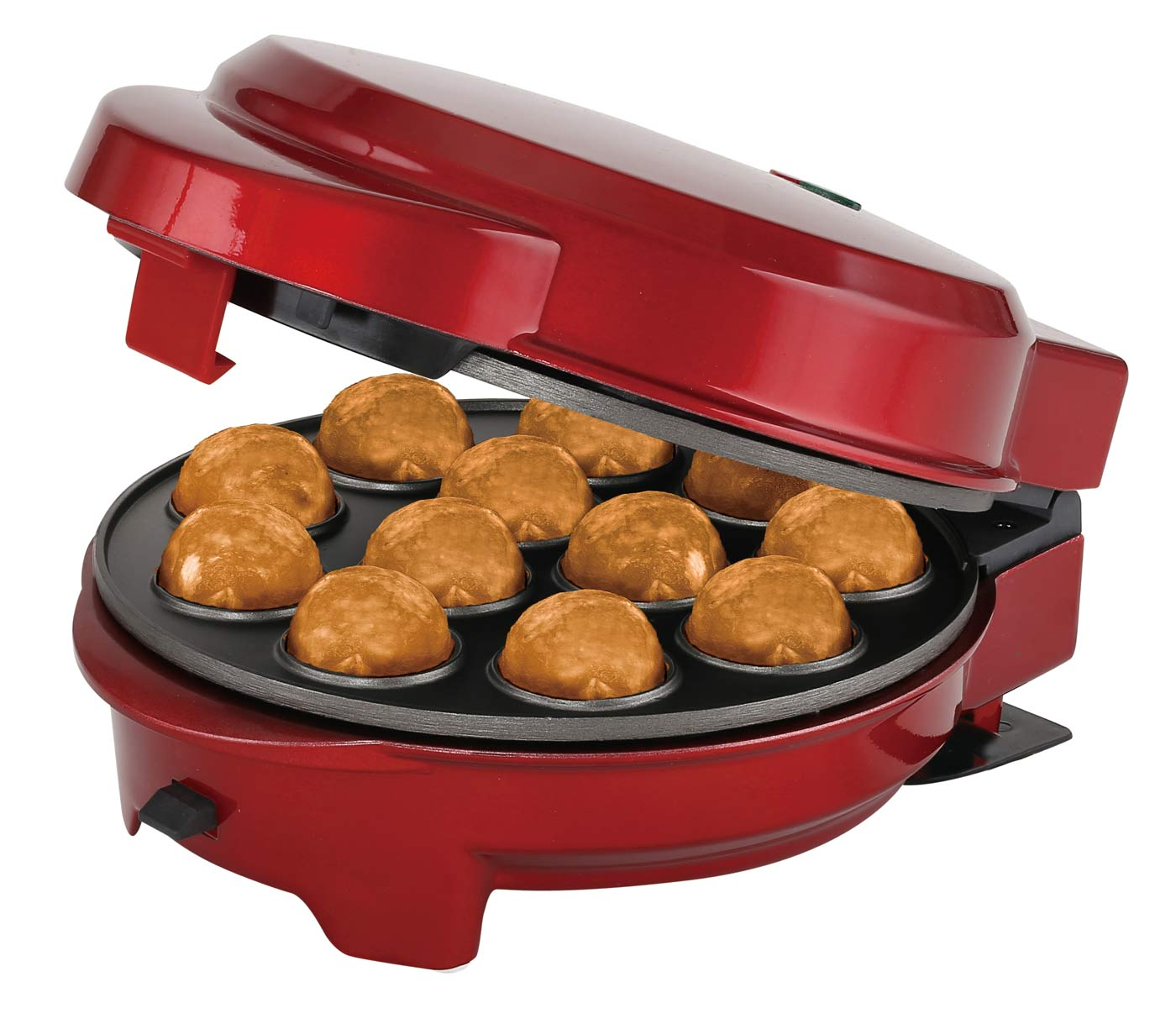 Ein roter Mini-Donut-Maker mit 12 goldbraunen, gebackenen Mini-Donuts darin.