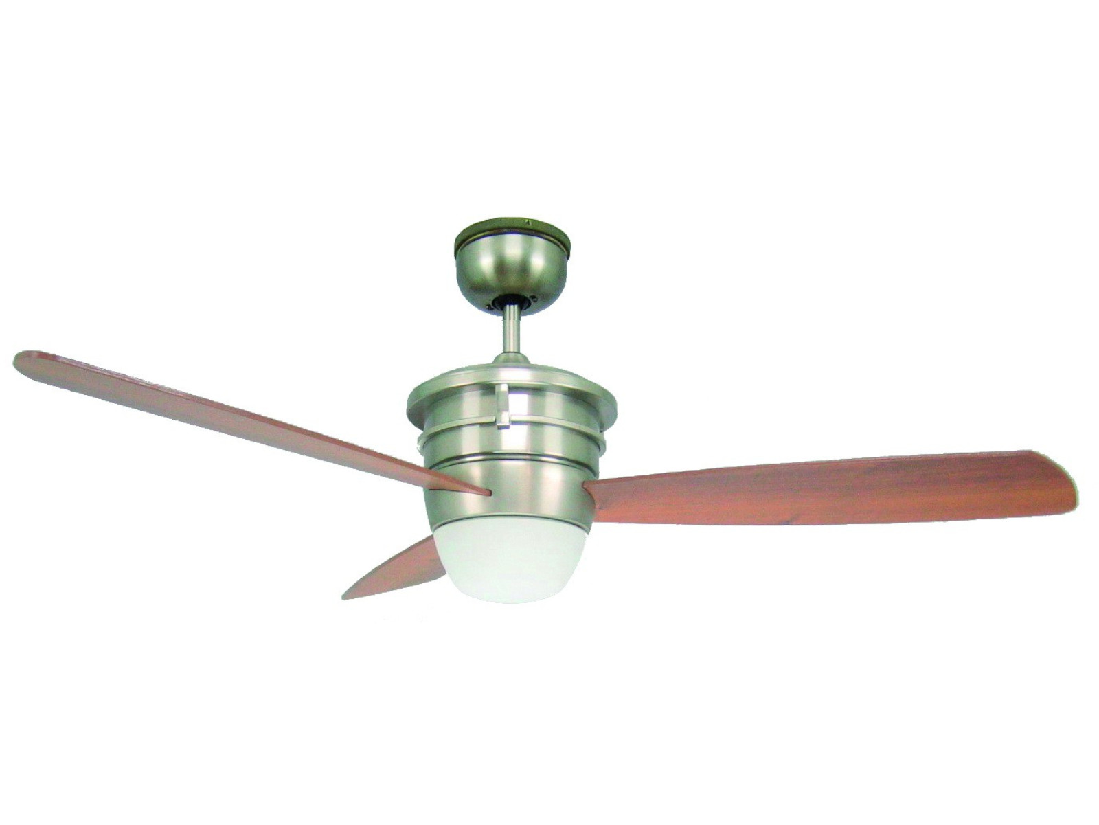 Deckenventilator mit Holzflügeln und weißem Licht.