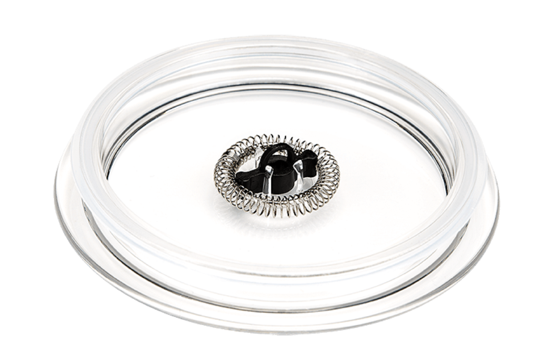 Przezroczysta pokrywa z czarno-srebrnym spieniaczem na białym tle.