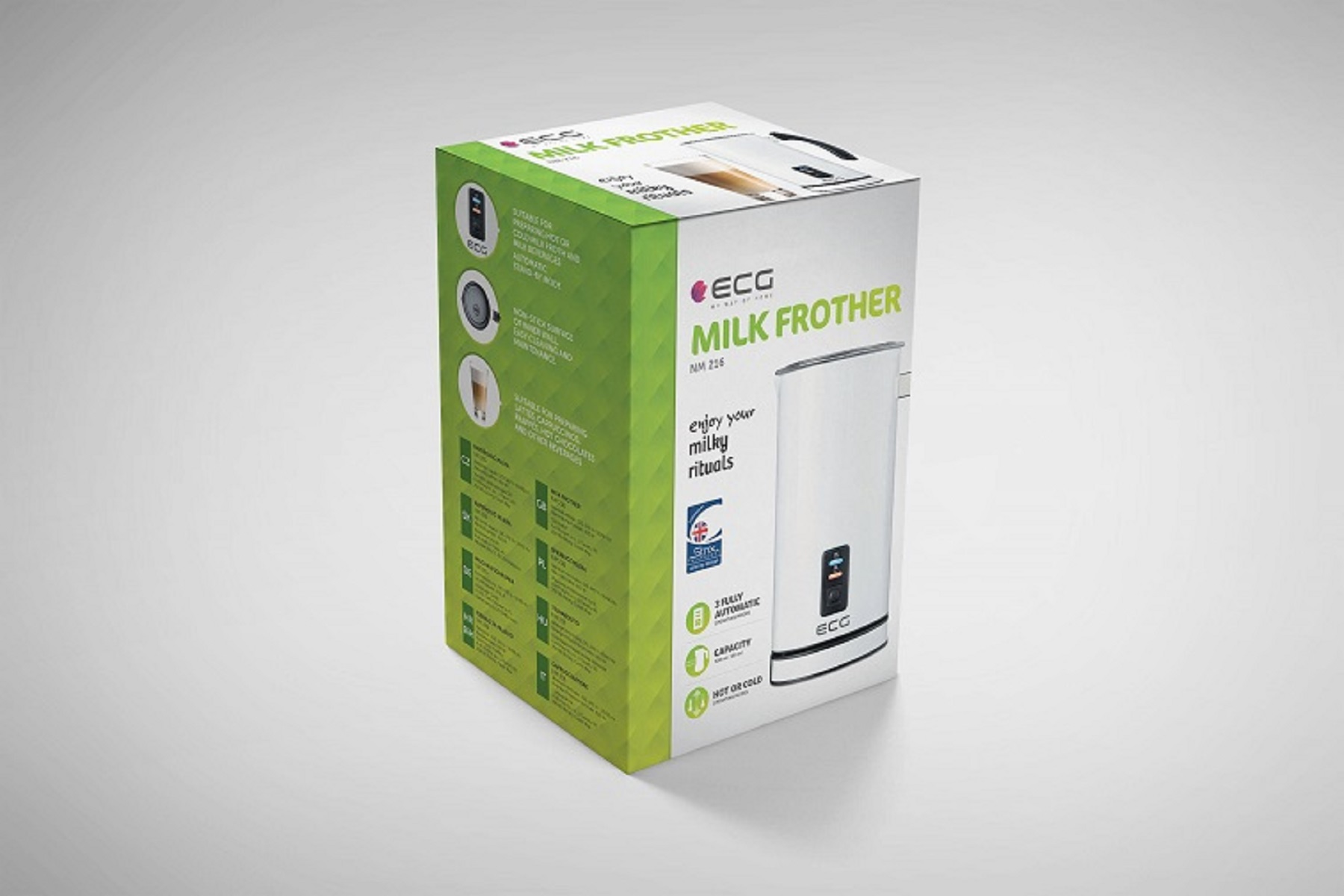 Pudełko białego spieniacza do mleka z zielono-białym wzorem. Napis: 'ECG Milk Frother NX 216'.