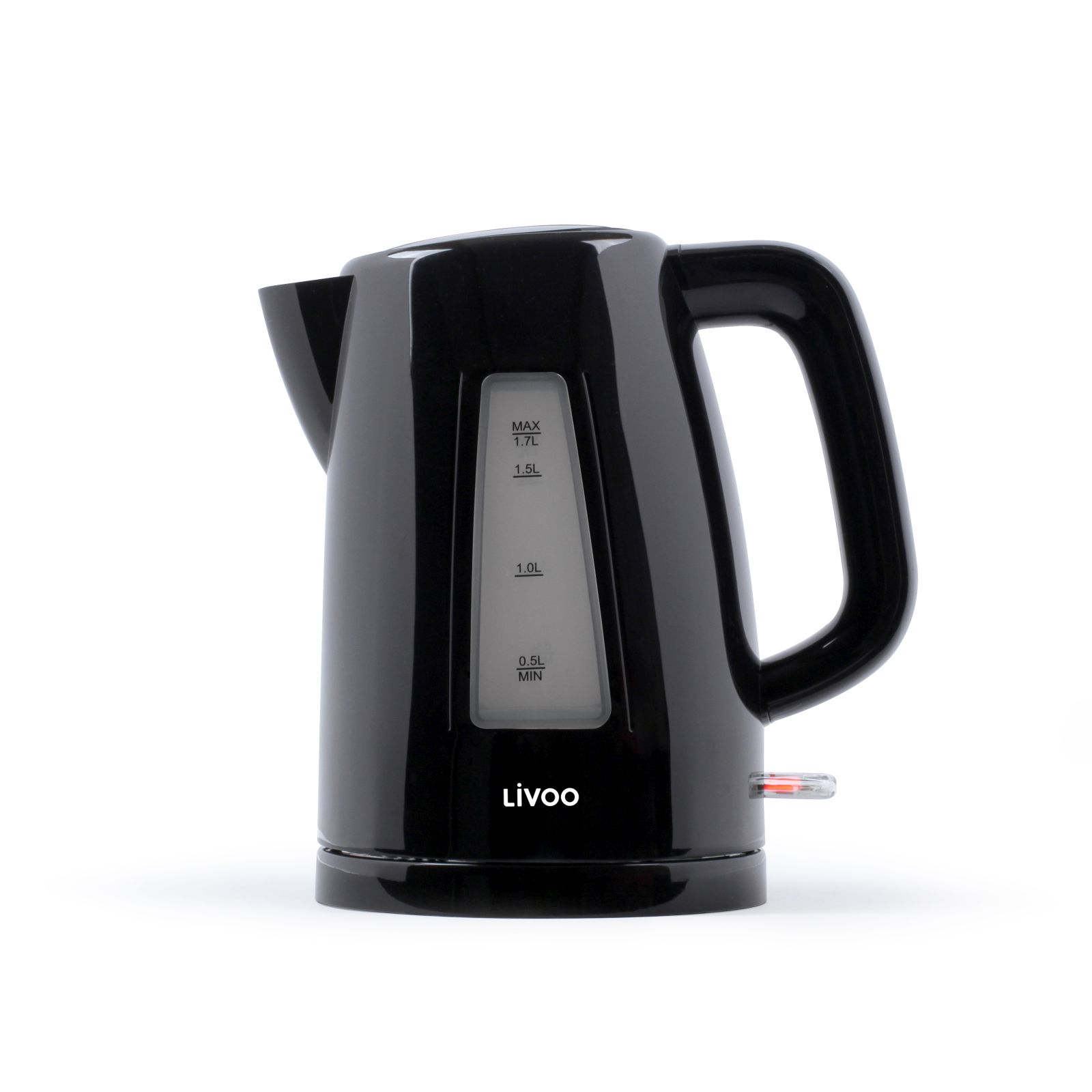 Czarny czajnik elektryczny z uchwytem, wylewką i przezroczystym wskaźnikiem poziomu wody. Białe tło.