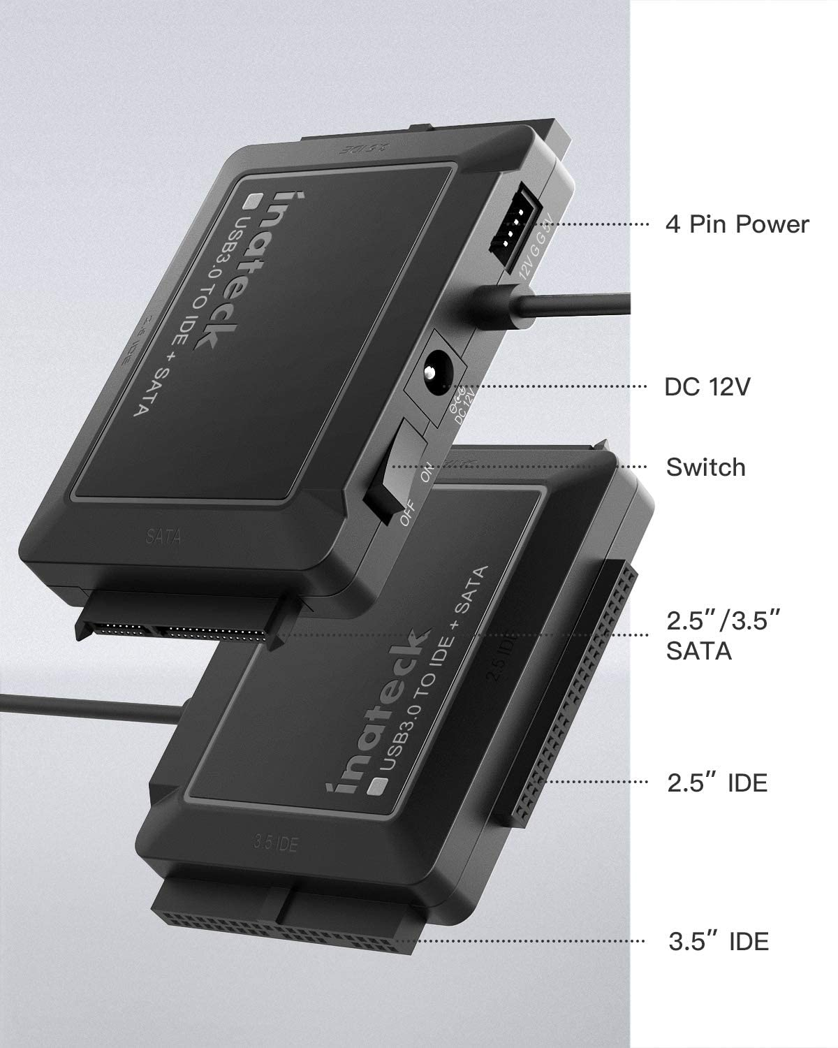 Zwei schwarze USB 3.0-zu-IDE- und SATA-Adapter. Text zeigt verschiedene Verbindungstypen an.