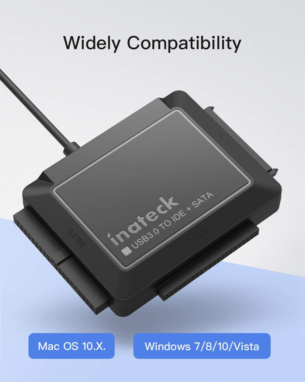 Ein schwarzer USB 3.0-zu-IDE+SATA-Adapter. Kompatibel mit Mac OS und Windows 7/8/10/Vista.