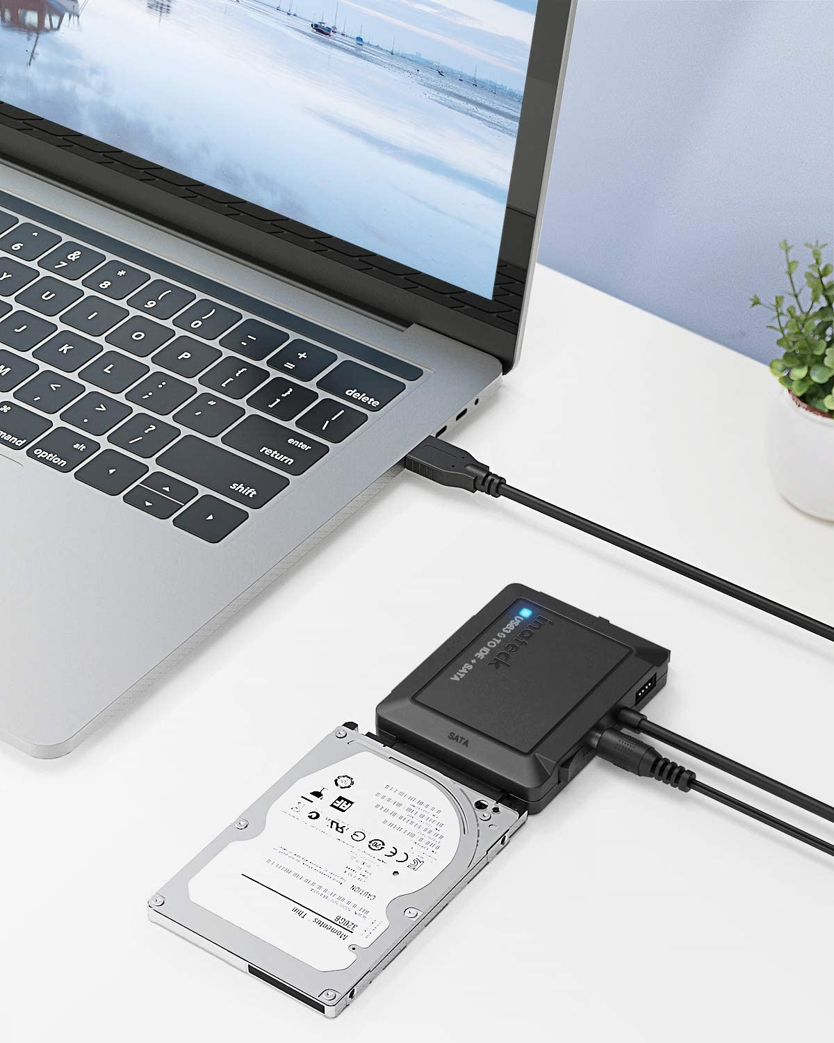 Laptop, der über ein USB-Kabel mit einer Festplatte verbunden ist.