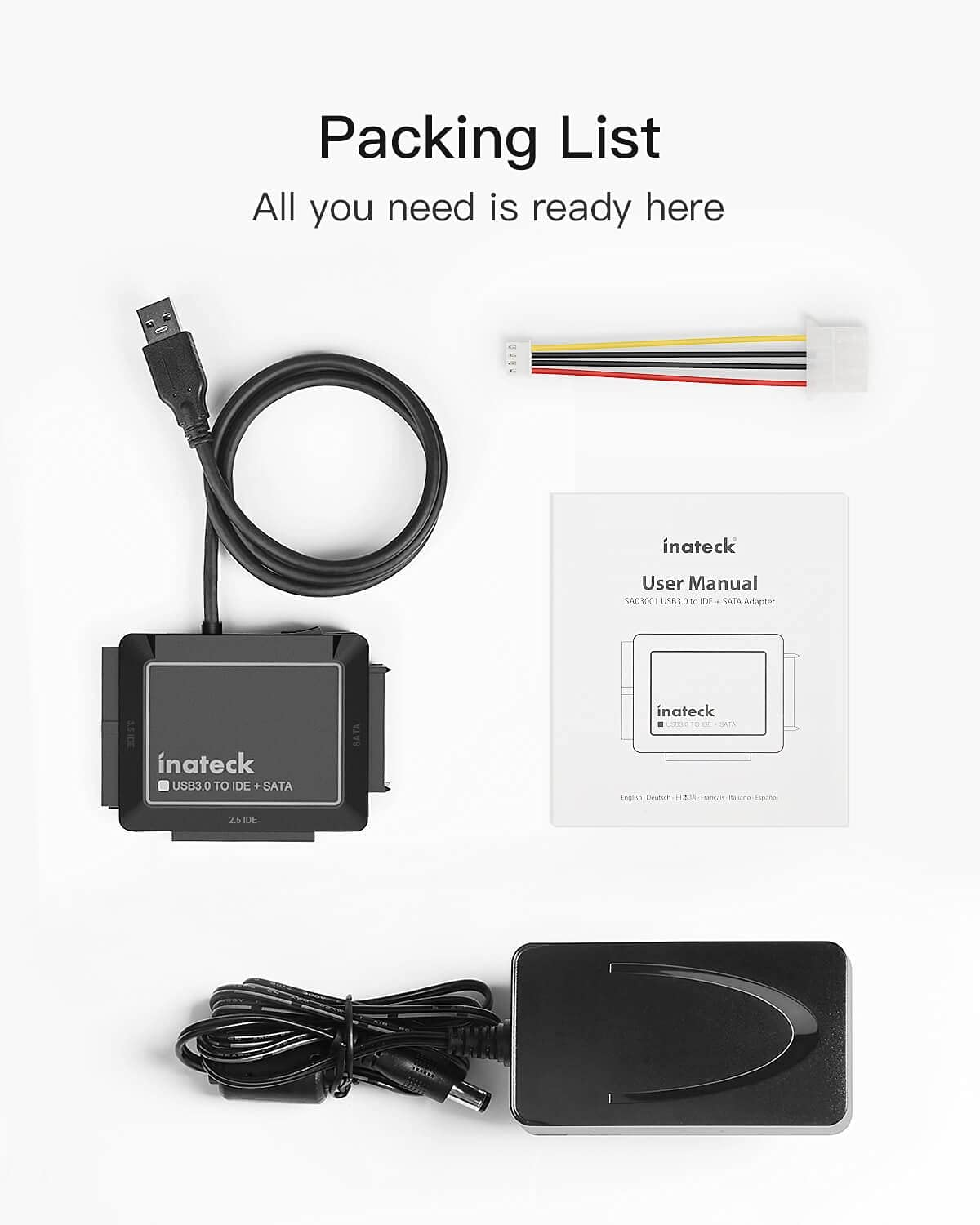 Packliste mit USB-Adapter, Kabel und Benutzerhandbuch. Artikel auf weißer Oberfläche angeordnet.