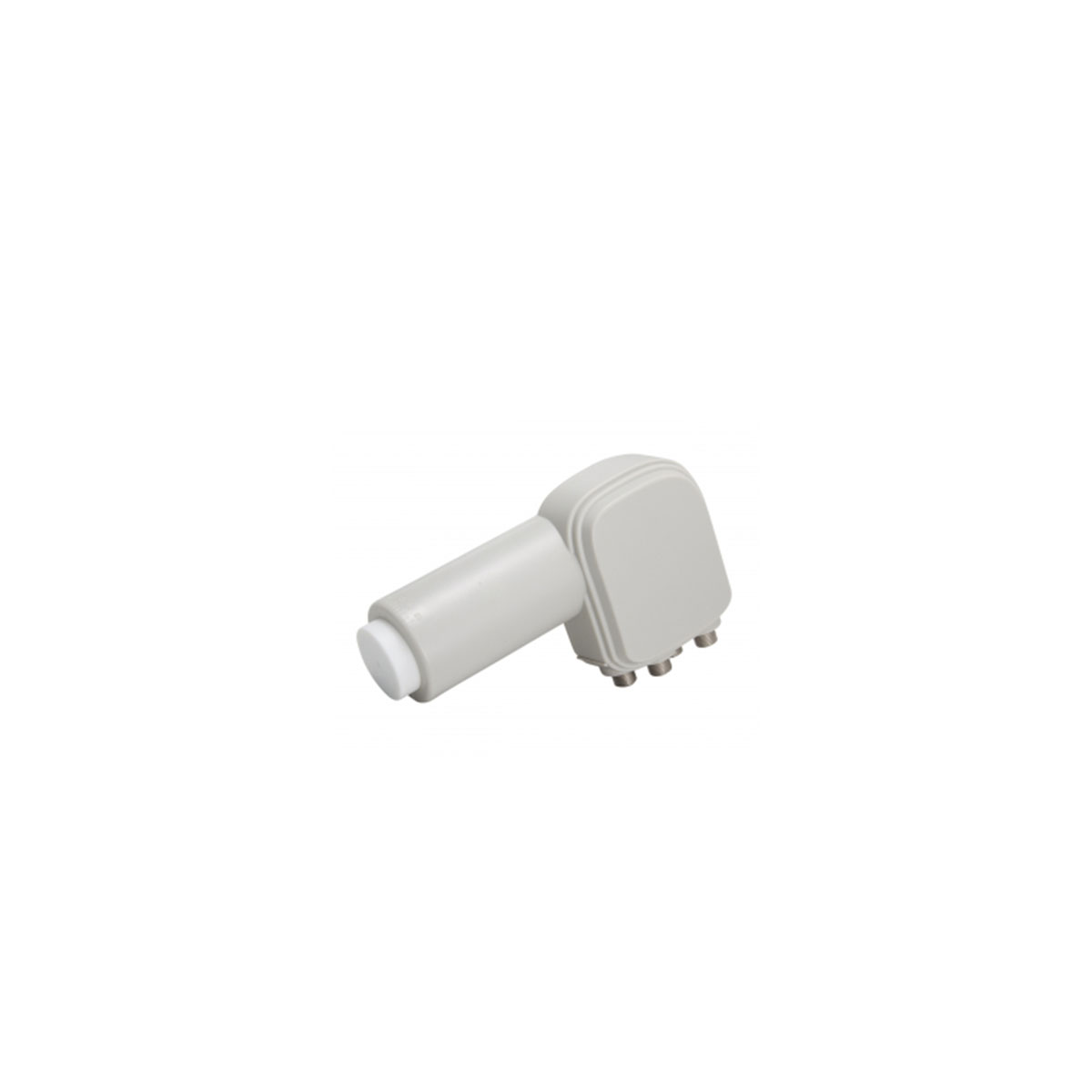 Ein kleines, abgewinkeltes, graues elektronisches Gerät mit einer runden weißen Spitze und drei kleinen Stiften.