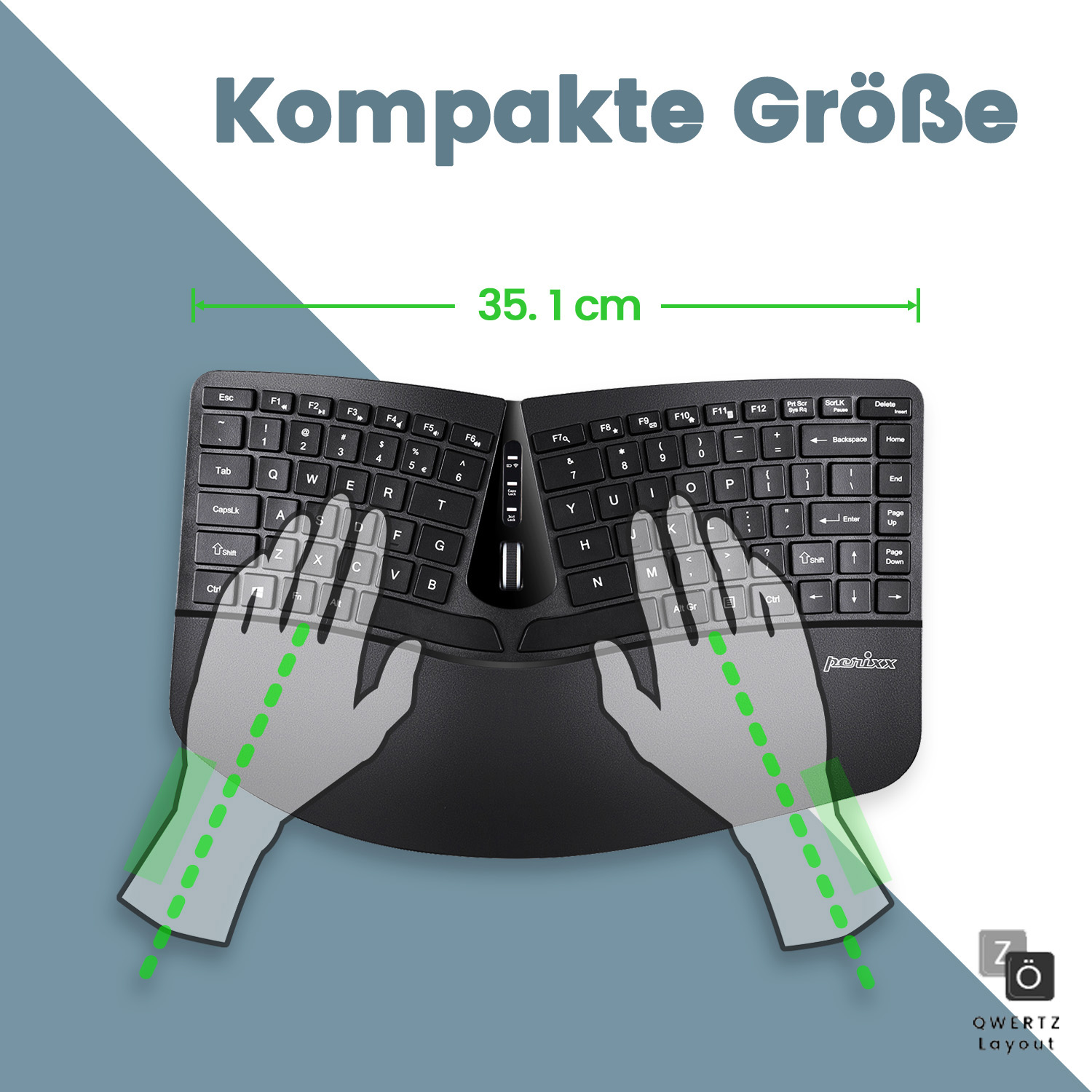 Una tastiera QWERTY con design diviso, con misura di 35,1 cm. Mani illustrate sulla tastiera.